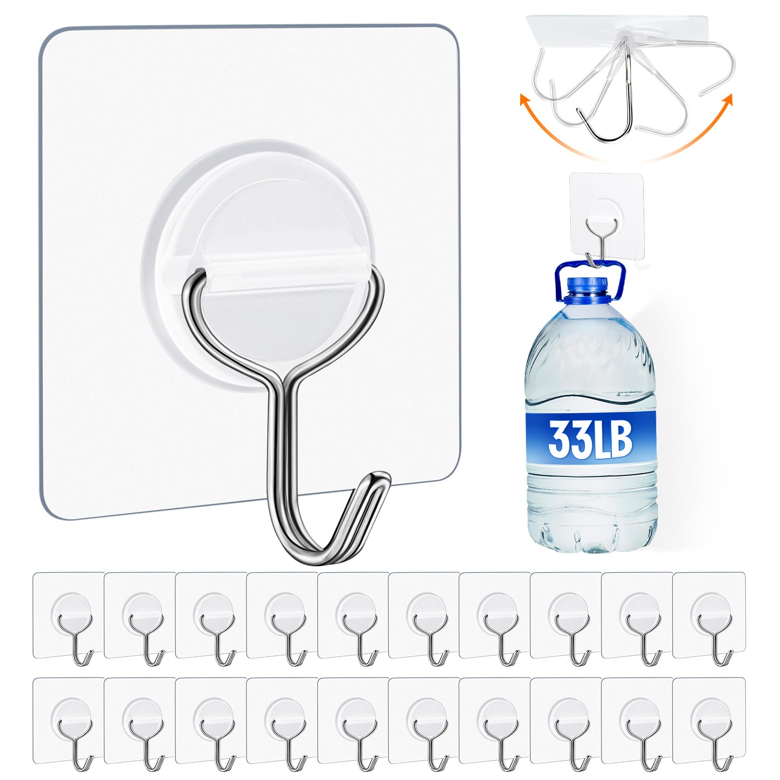 YSJNUS Adhesive Wall Hooks for Hanging Heavy Duty 33lb(Max), Waterproof and Rustproof Transparent Self Adhesive Hooks for Bathroom Kitchen Outdoor and Home Improvement -24 Pack