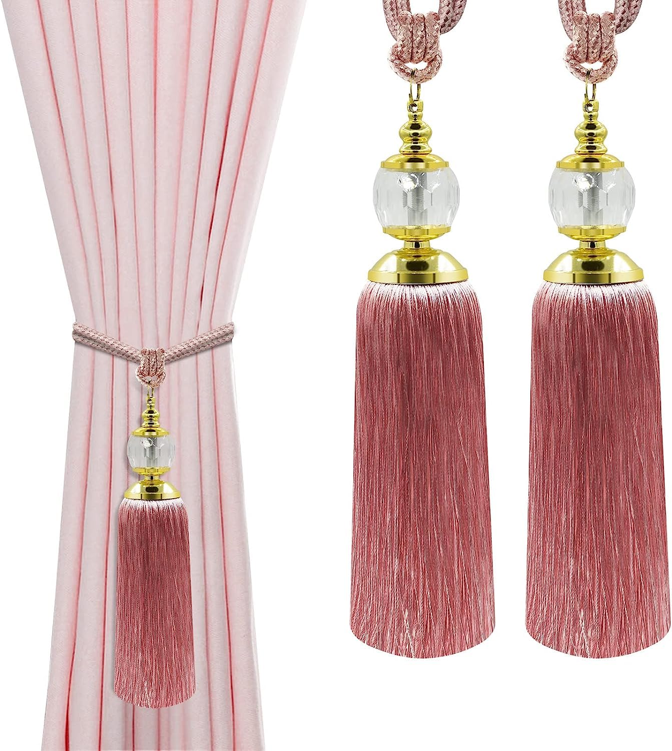 Alzapaños de cortina con borlas hechos a mano con borlas para cortinas, alzapaños de cortina de cristal rosa, alzapaños decorativos para cortinas de granja, soporte para cortinas de ventana, paquete
