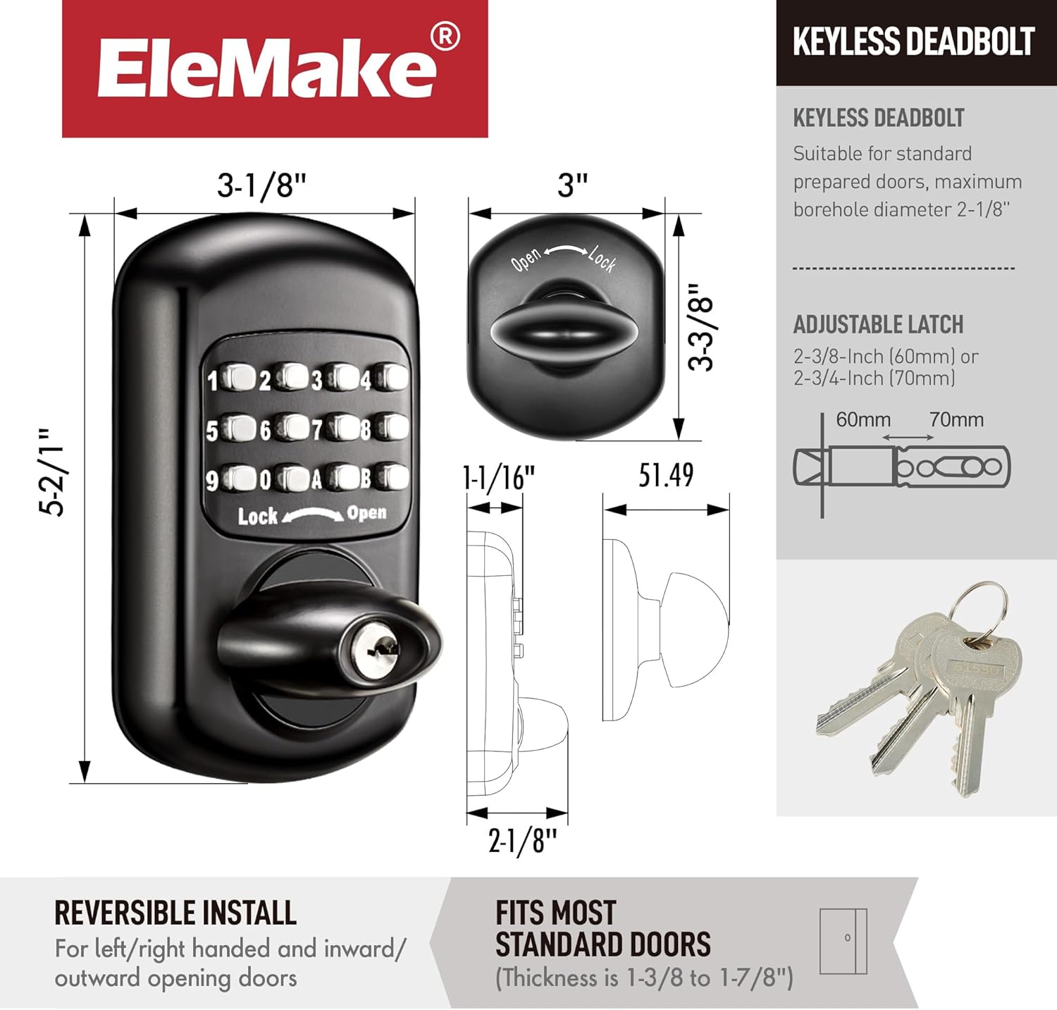 Bravex Keyless Deadbolt Keypad Entry Door Lock Zinc Alloy Sabbath Lock 100% Mechanical Shabbos Lock- No Risk of Low Power, Black
