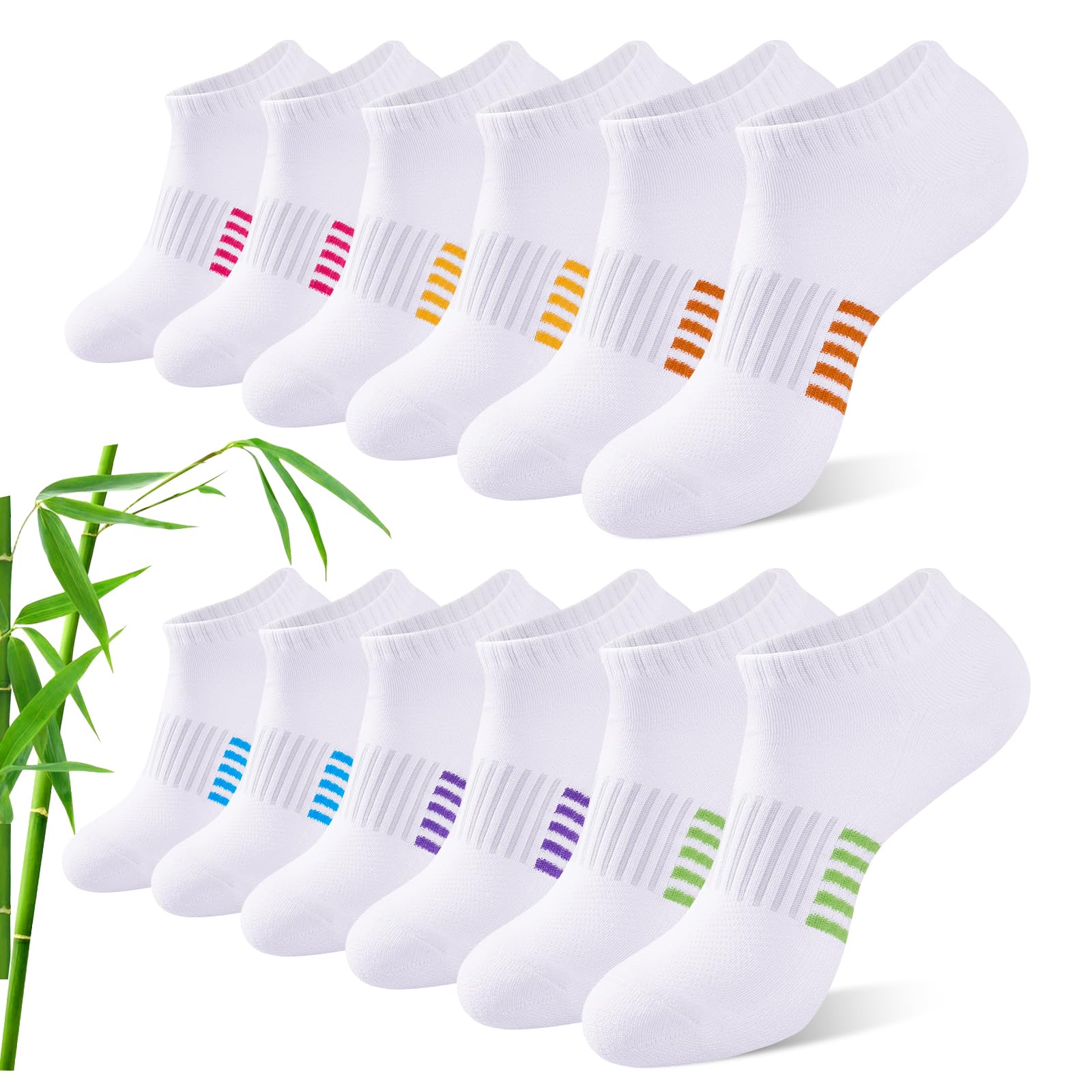 Effeet Bambus Sneaker Socken Damen 6/12 Paar, Atmungsaktive Gepolsterte Sportsocken Laufsocken, Anti Schweiß Kurze Socken Damen 39-42 35-38 Bunt, Geschenke für Frauen Sommer, Mehrfarbig Weiß 39-42
