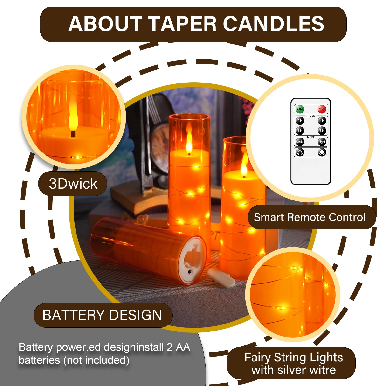 kakoya Lot de 5 bougies LED sans flamme vacillante avec minuteur pour ambiance romantique et décoration de la maison Coque en acrylique stable, avec chaîne d'étoiles intégrée, bougies à piles (orange)