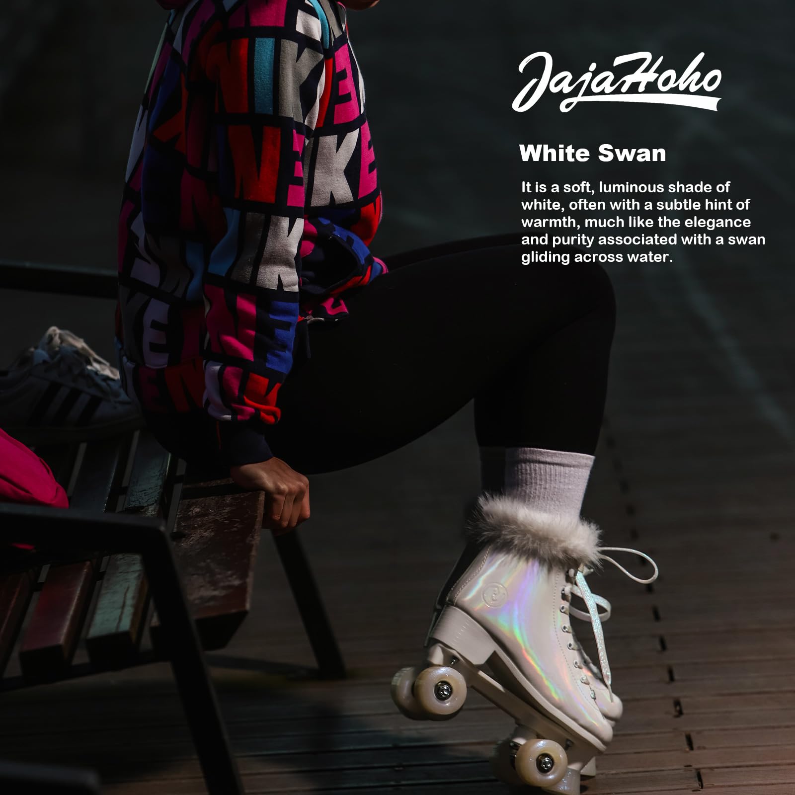 JajaHoho Roller Skates for Women, Holographic High Top Classic Rollerskates, with Light-Up LED Flashing Wheels, Shiny Double-Row Glitter Quad Skates for Girls, Indoor & Outdoor (White Swan, Size 1)