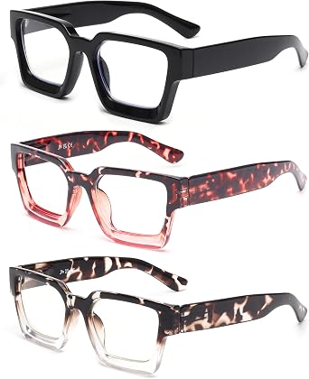 JM 3 Pack Square Reading Glasses for Women Men,Spring Hinge
