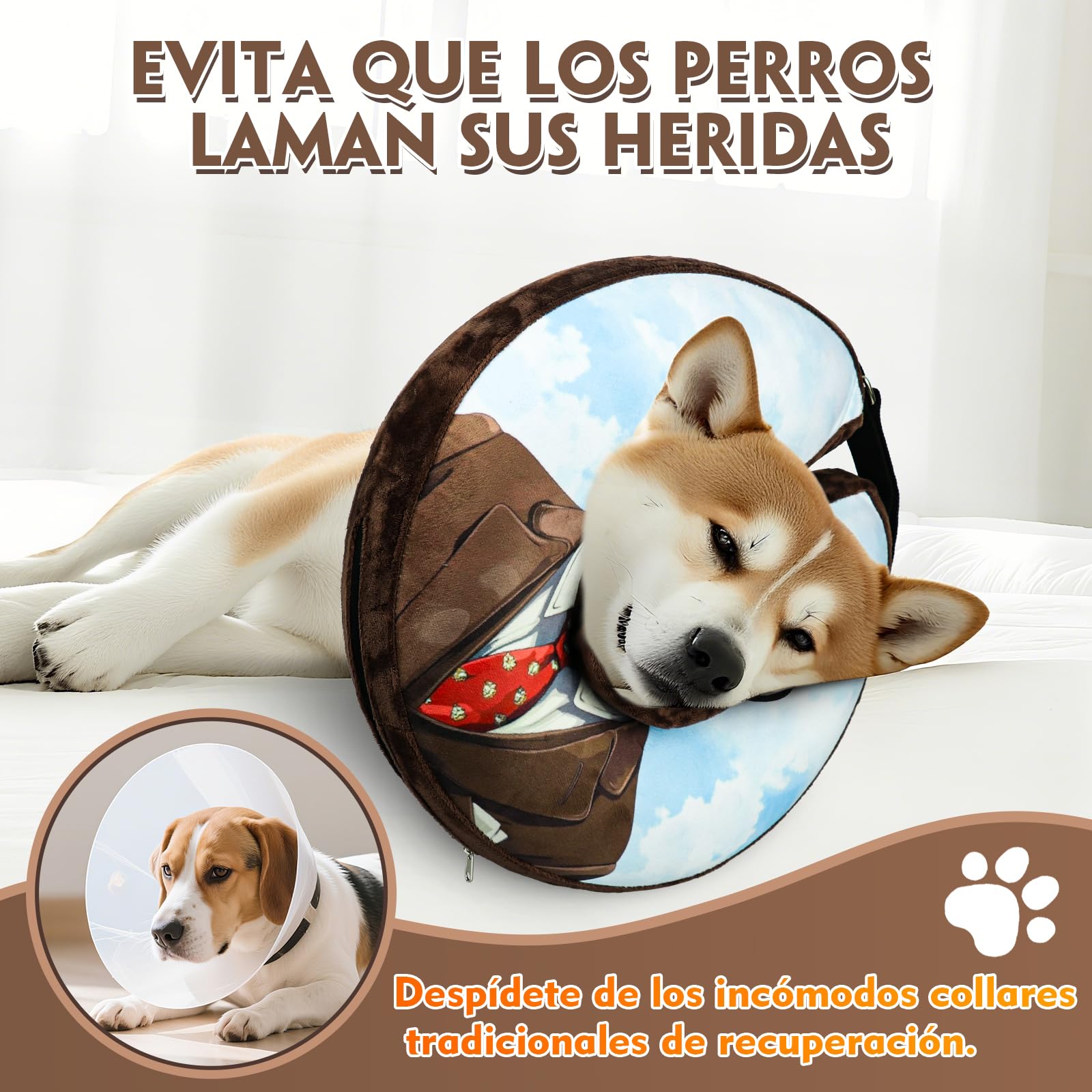 Collar isabelino Inflable para Perros y Gatos – Collar de Recuperación Suave para Evitar Lamer Heridas, Rascar o Morder – Ideal Postcirugía (Marrón, M)