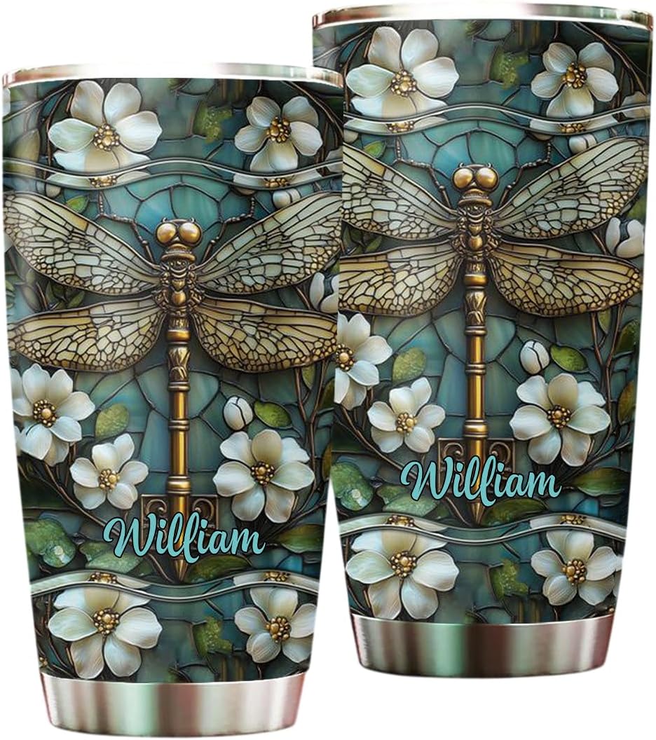 Golden Dragonfly Ornate Stained Masterpiece Personalized Tumbler Insulated Travel Cup Drinkware With Lid Cute Aesthetic Present Unique Beverage Accessories Stainless Steel Water Bottle Office