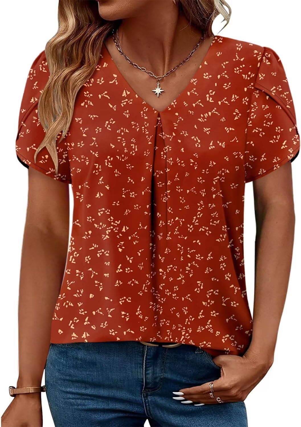 Magritta Womens Tops Dressy Casual Short Sleeve Pleated Tshirt 2025 Summer Loose Fitting Blouse Fashion V Neck Business Shirt - Image 2