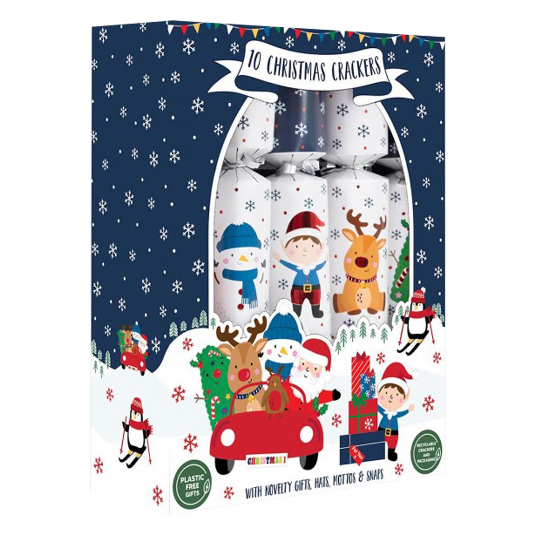 Widdle Gifts White And Blue Santa And Friends 8131 Set Of 10 Christmas Crackers Festive Table Decor Scandinavian Print White And Red Xmas Tree Reindeer (White And Blue Santa And Friends 8131)