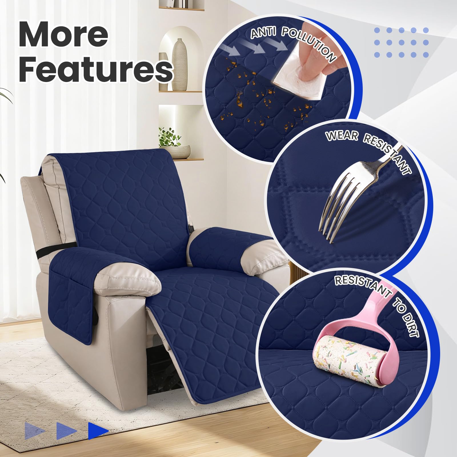 Ystyle 100% Étanche Housse Fauteuil Relax Inclinable Electrique, Antidérapant Protection Fauteuil Relax Grand 1 Place avec Poches Latérales, Lavable Housse de Fauteuil Inclinable, Bleu Marine