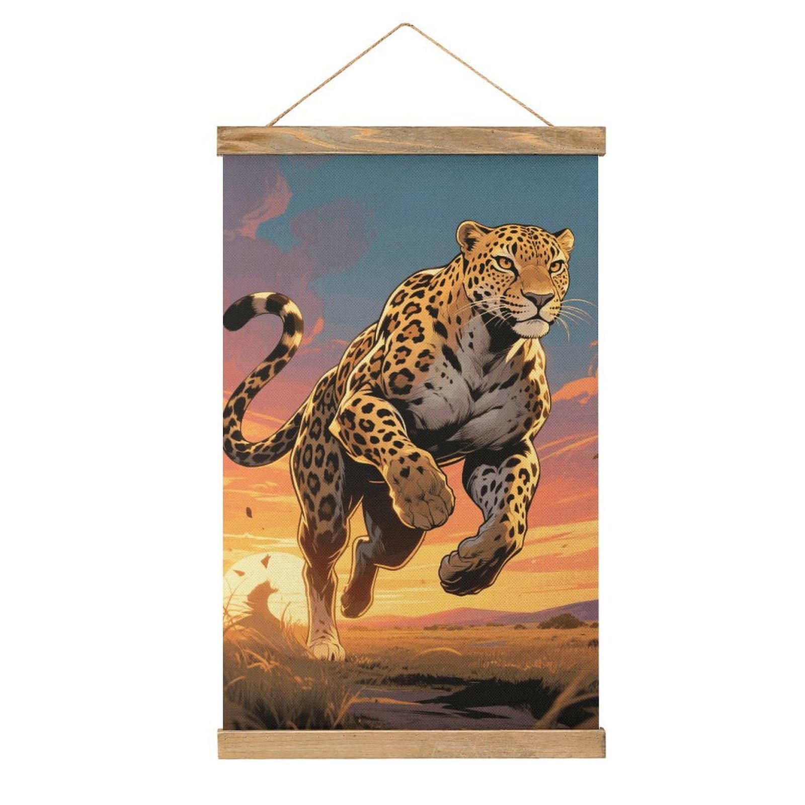 Fodpand Style Sunset Cheetah Wall Art 20.4"X13.1" - Linen Canvas Hanging Banner Poster With Wooden Frame, Pictures Artwork Wall Art Decor For Living Room Bedroom Office, Ready To Hang