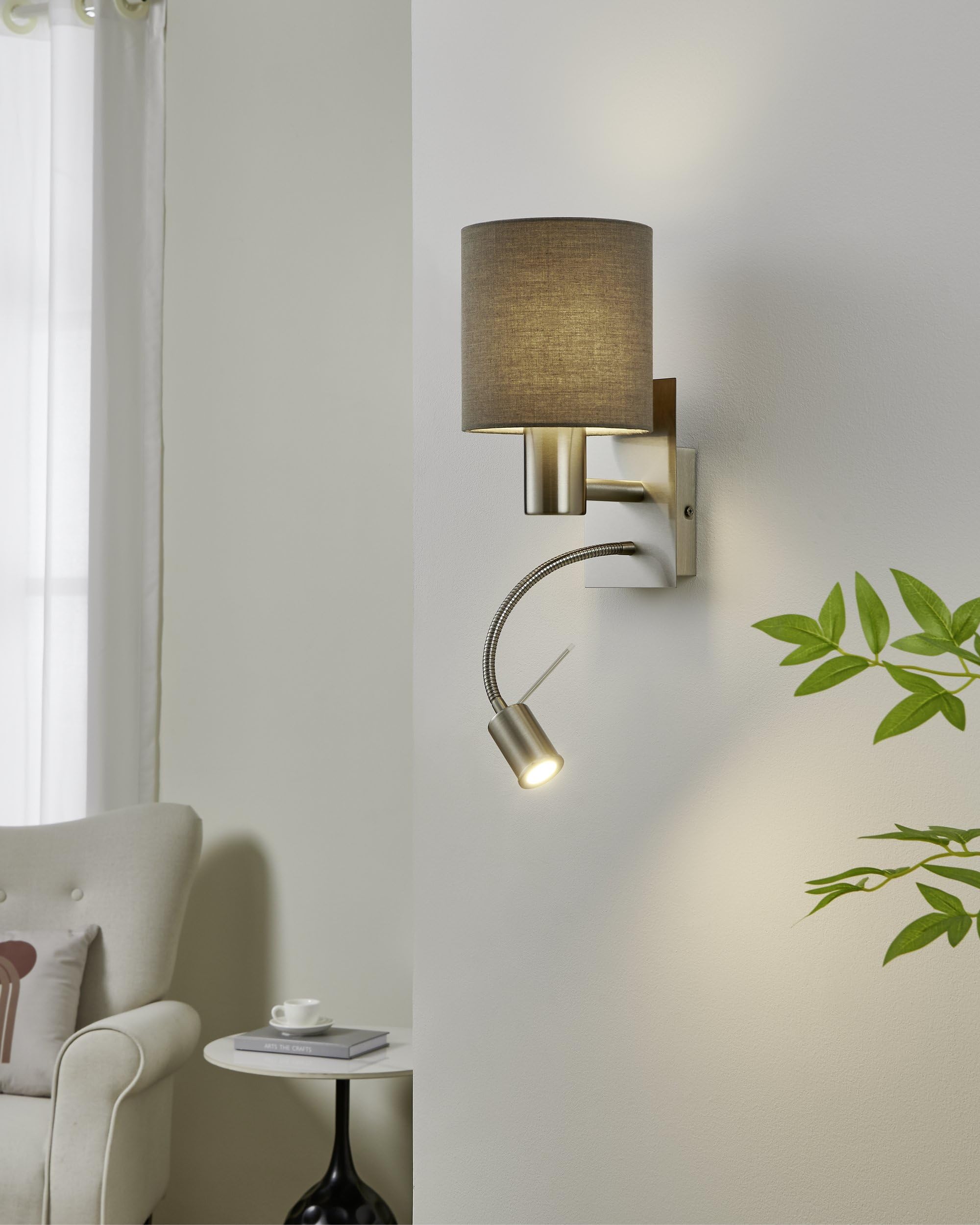 EGLO LED lampa ścienna PASTERI, 2-ogniskowa tekstylna lampa ścienna | materiał: stal, tkanina, kolor: nikiel matowy, szary, oprawka: E27, z przełącznikiem i elastyczną lampą do czytania LED