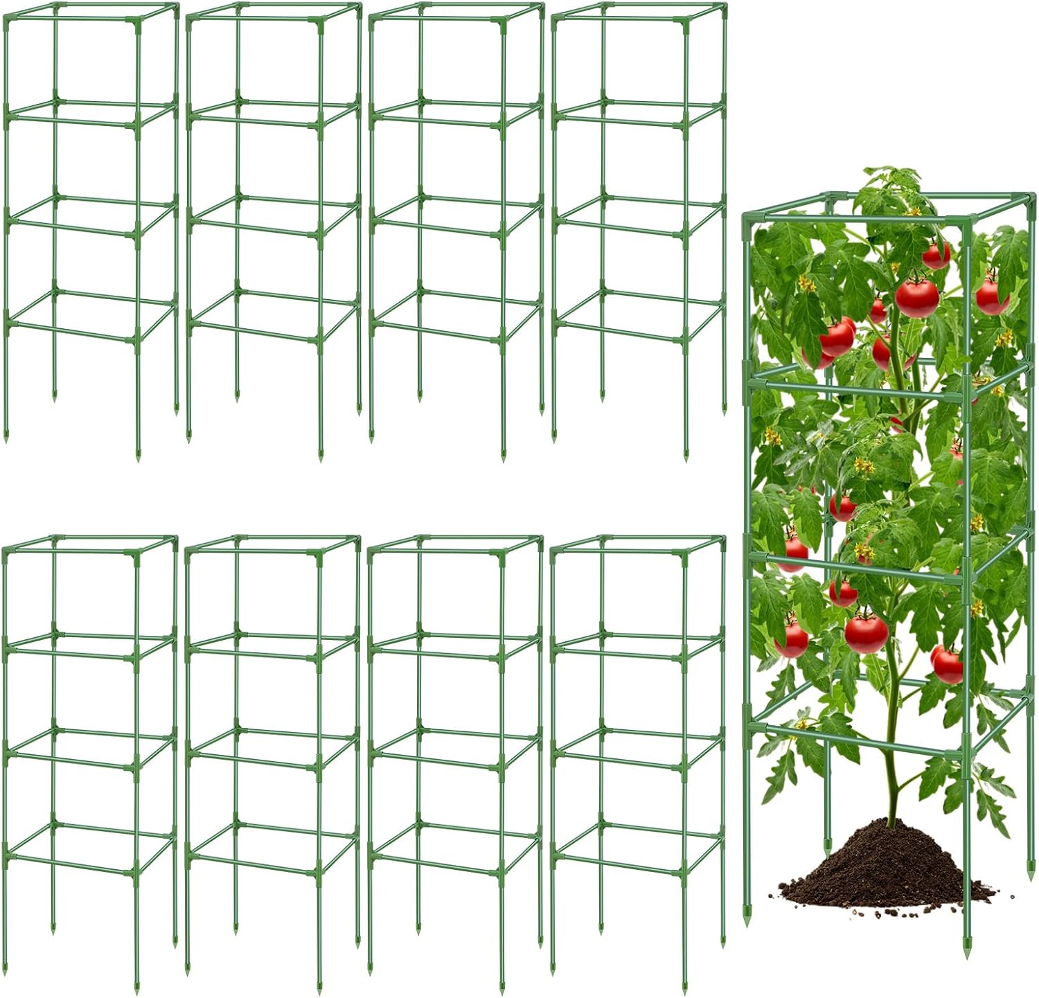 Therwen 8 Packs Tomato Cages for Garden 41.5 x 15 x 15 Inches Square Tomato Plant Support Pole, Heavy Duty Steel Plant Tower Stakes Cucumber Trellis for Climbing Vegetables Flowers Fruits