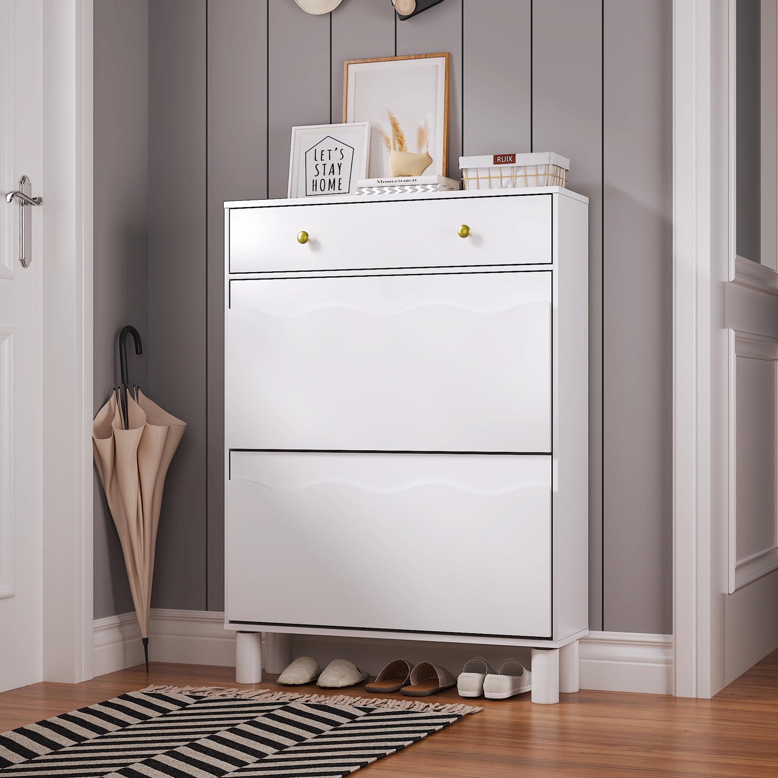 KEEPREAPER White Shoe Cabinet Storage for Entryway Hallway, Freestanding Shoe Cabinet Organizer with 2 Flip & 1 Pull-Out Drawers, 4 Soild Wood Legs, Modern Shoe Rack Cabinet for Front Door Entrance โ image 1