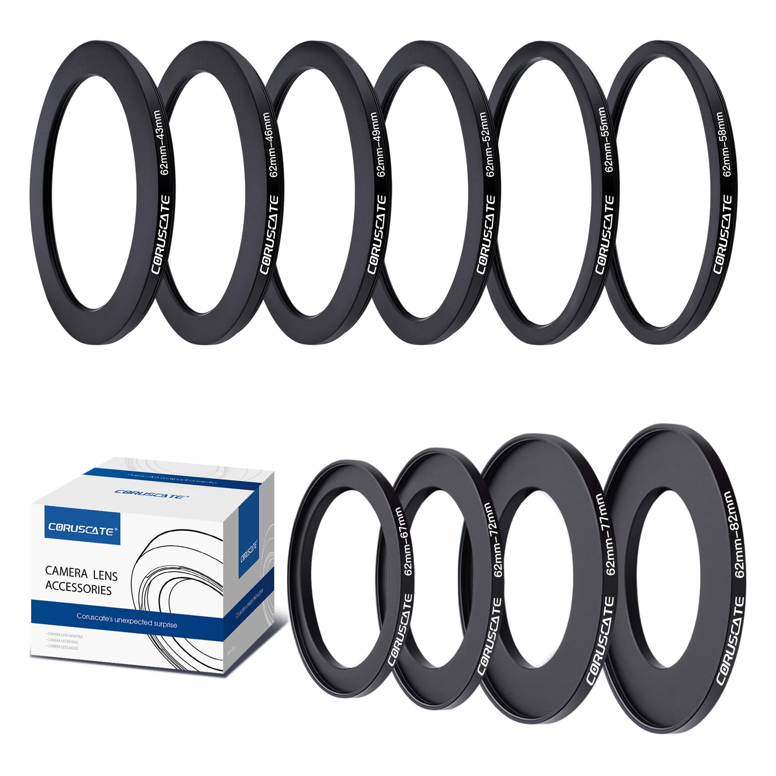 10Pcs 62mm Filter Ring Adapter Set,Filter Metal Stepping Rings for All Brands UV ND CPL (62-43mm,62-46mm,62-49mm,62-52mm,62-55mm,62-58mm,62-67mm,62-72mm,62-77mm,62-82mm)