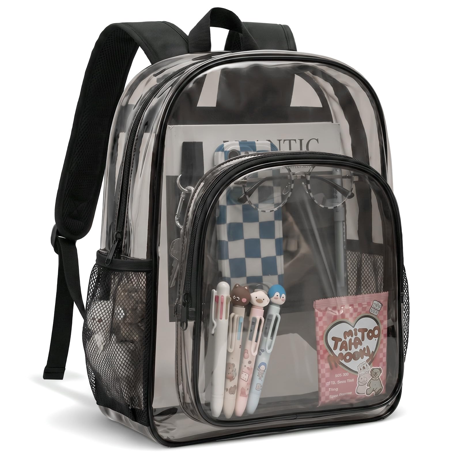 Amylove 1 Pcs Black Clear Backpack Heavy Duty PVC Transparent Backpack Bookbag for College Workplace Security