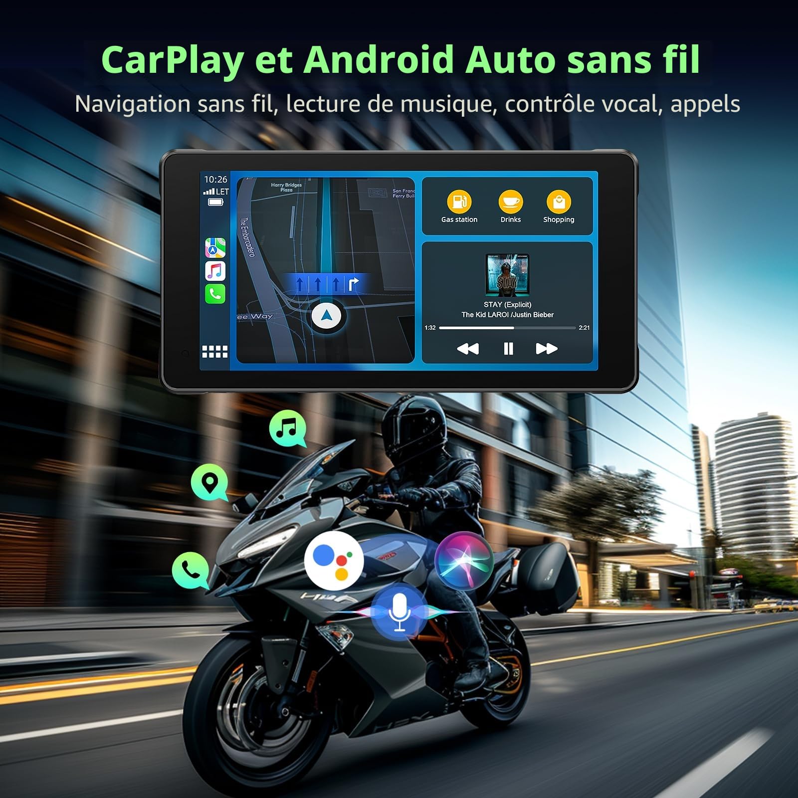Volam Ecran Carplay Moto, Portable sans Fil Carplay et Android Auto pour Moto avec 2K+1080P Caméra Tableau Bord Avant et Arrière,5,5 Pouces écran Tactile, Navigation, Siri/G-oogle, APP, Carte 64TF