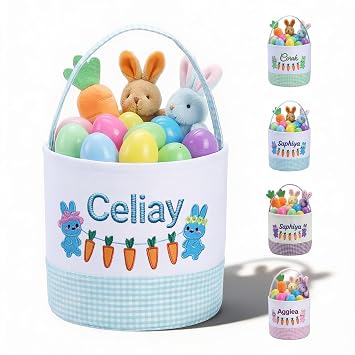OXYEFEI Personalized Easter Basket with Embroidery Names for Kids Custom Bunny Easter Basket for Boys Girls Egg Hunt Blue