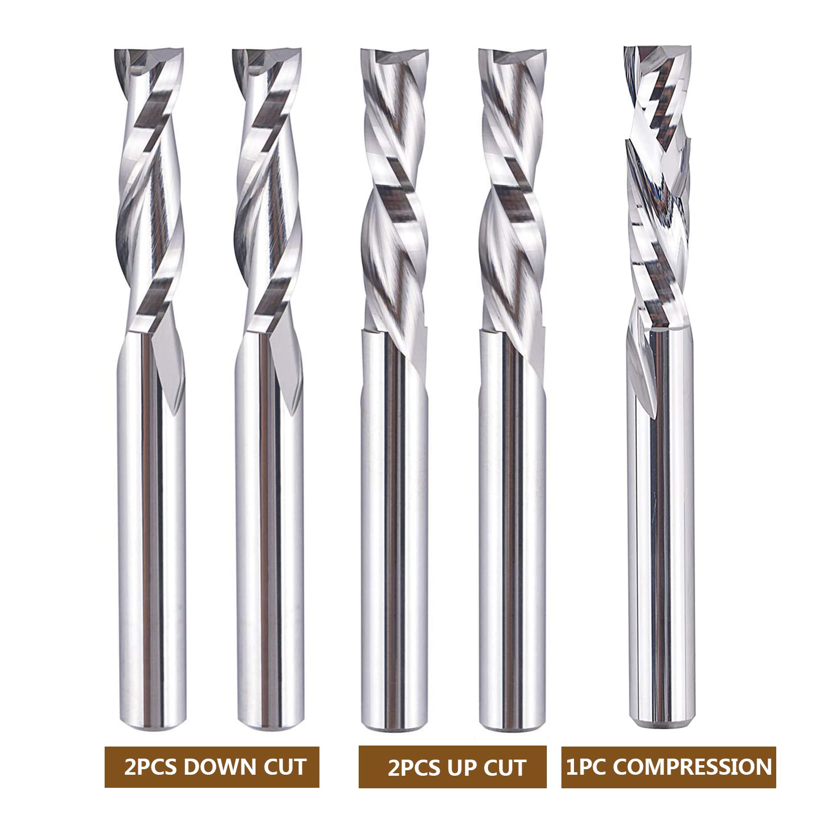 SpeTool 5 brocas CNC de 1/4 pulgadas con longitud de corte de 1 pulgada OVL, broca de compresión de corte descendente en espiral para carpintería