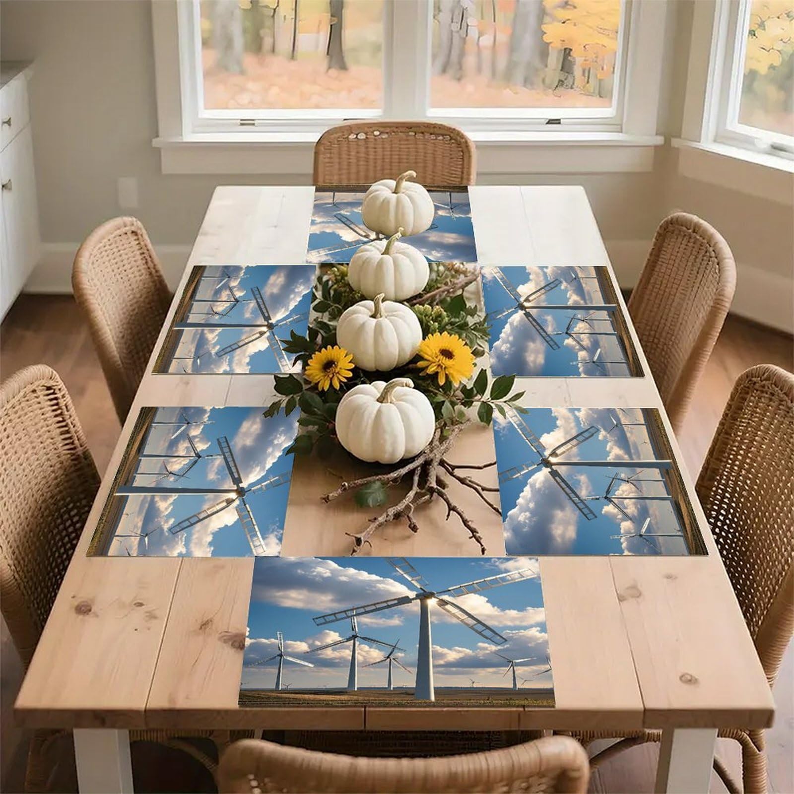 Windmills Placemats Flax Place Mats for Dining Table Rectangle Non-Slip Table Mats Heat Resistant Washable Placemat for Kitchen Home Decor Party Outdoor 12" X 18"