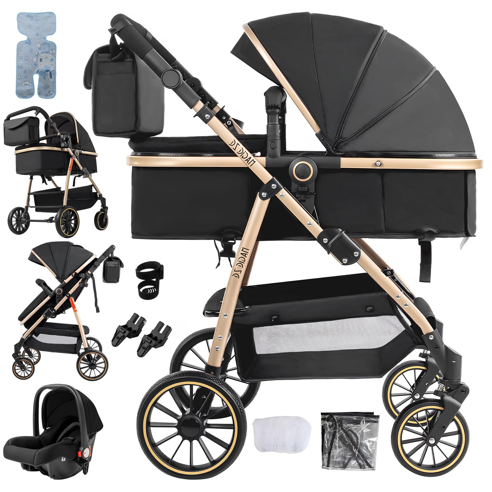 NADDLILY 3 in 1 Pushchair Pram, Baby Stroller 3 in 1 with Reversible Two Pushing Modes, Infant Newborn Buggy One-Click Folding, Toddler Carriage Aluminum Frame (V8 Black Gold)