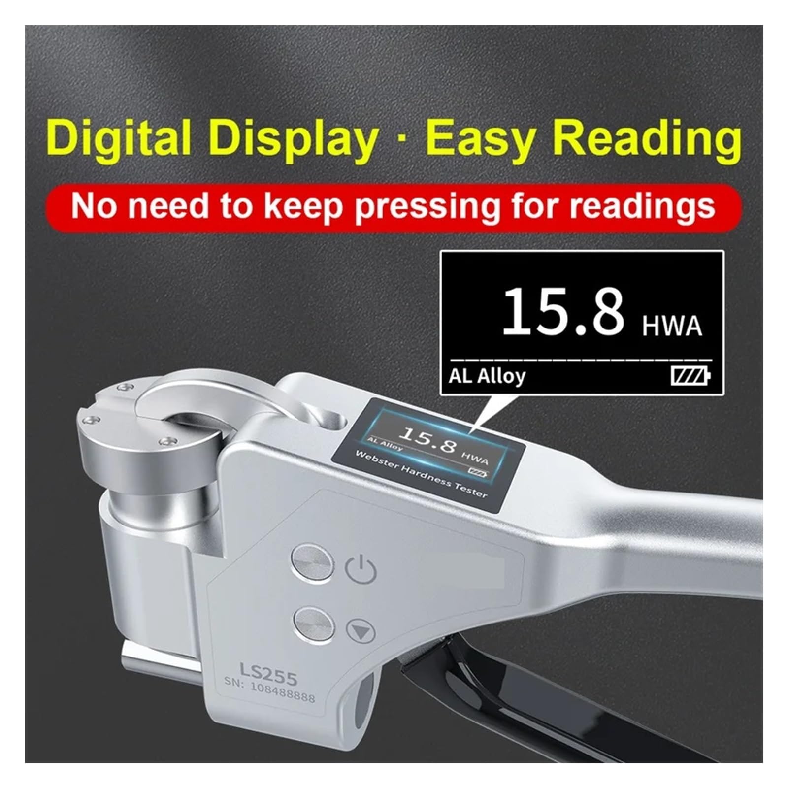 Probador de dureza portátil, medición digital de pantalla para aleación de aluminio y metales, alta precisión 0,1 HWA, diseño de aluminio ligero
