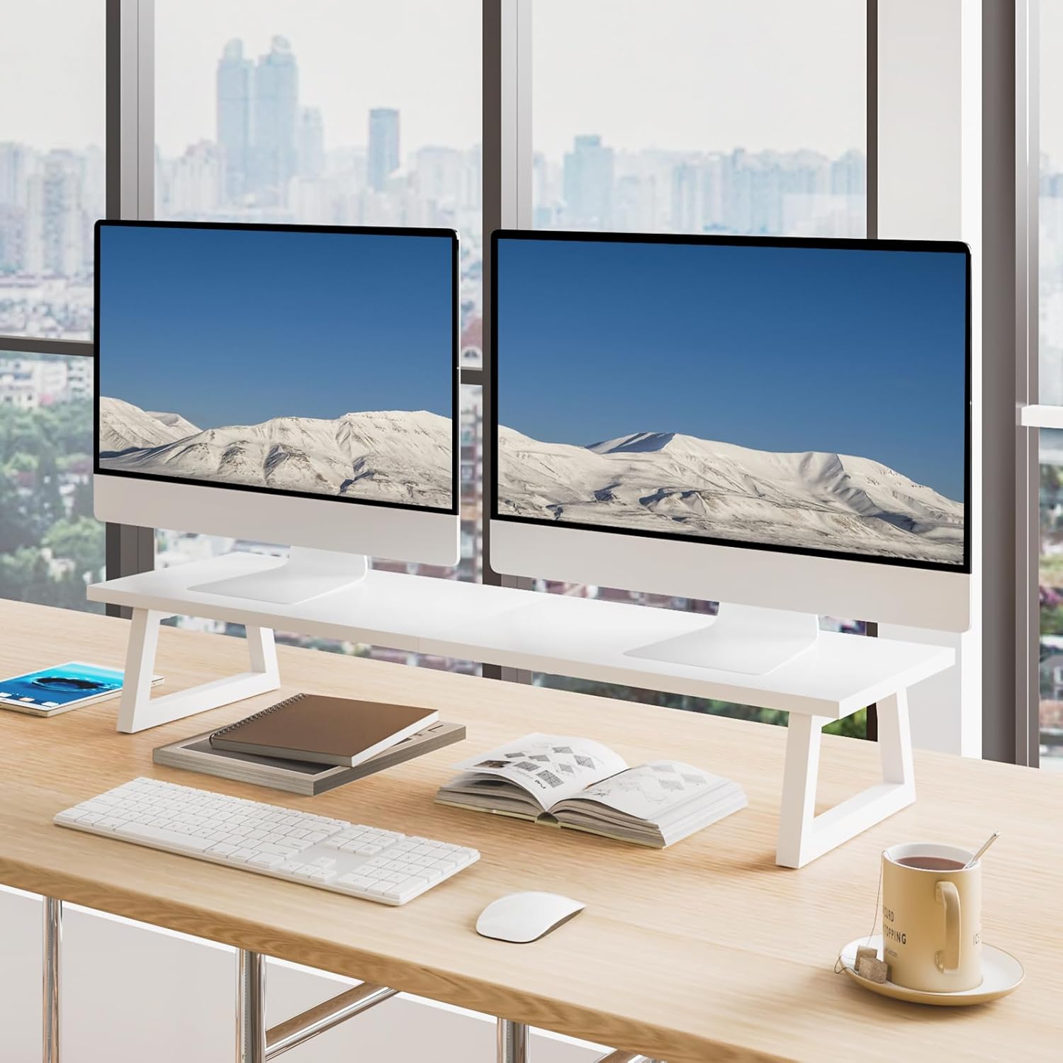TEAMIX White Dual Monitor Riser - 31.5 inch Wide TV Stand for 2 Monitors - Wood & Steel Desktop Riser for Dual Screen Office Desk Organization