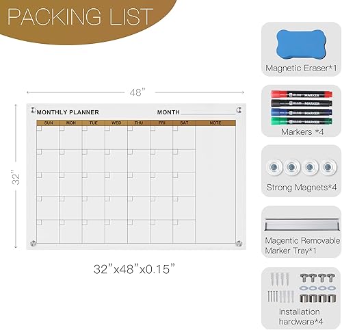 Miniatura 5 de SELEAD Pizarra blanca con calendario magnético de cristal, 32 x 48 pulgadas, pizarra blanca grande de borrado en seco, planificador mensual sin