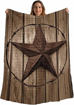 Throw Blanket for Couch Vintage Texas Star Brown Wood Grain Wire Soft Plush Fuzzy 3D Ribbed Jacquard Blanket Flannel Fleece Throws Lightweight Decorative Bed Blankets 32"x48"