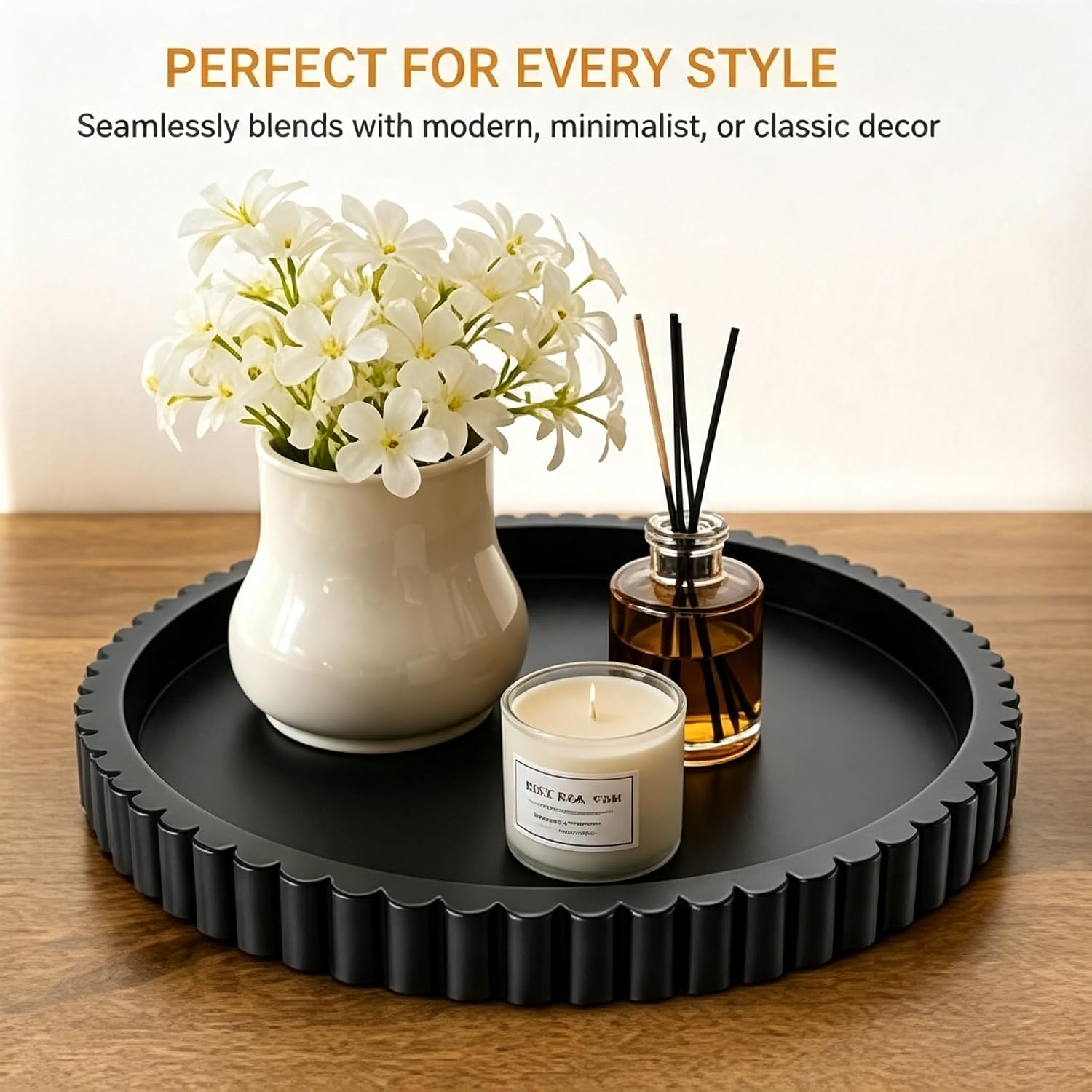 Round Decorative Tray 12in Black Wood for Coffee Table