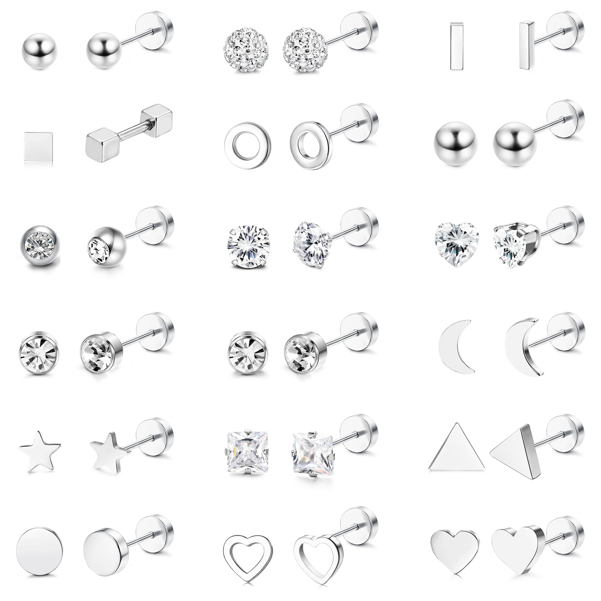 MILACOLATO 18 pares Pendientes Acero Inoxidable para Mujer Juego Pendientes Pequeños Múltiples Bolas Geométricas Pequeñas Estrella Corazón Piercing, Zirconia Pendientes para Niñas