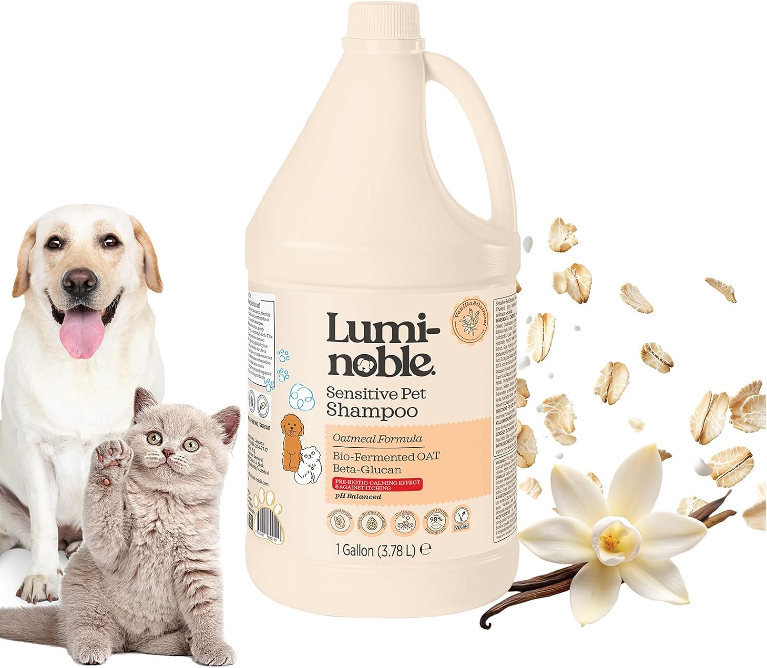 Hypoallergenic Sensitive Dog Shampoo - Dog & Cat Oatmeal, Collagen Infused & Best Vanilla Scent - Vegan, Anti-Itch Formula for Itchy, Dry Skin, Pet Shampoo – Natural Grooming for Pets 1 Gallon