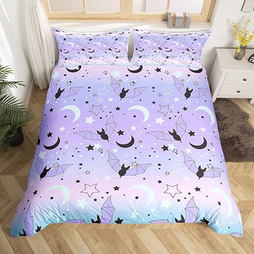 Juego de ropa de cama de murciélago de Halloween, tamaño Queen, con purpurina, estrellas, luna y galaxia, funda de edredón para niños, decoración de