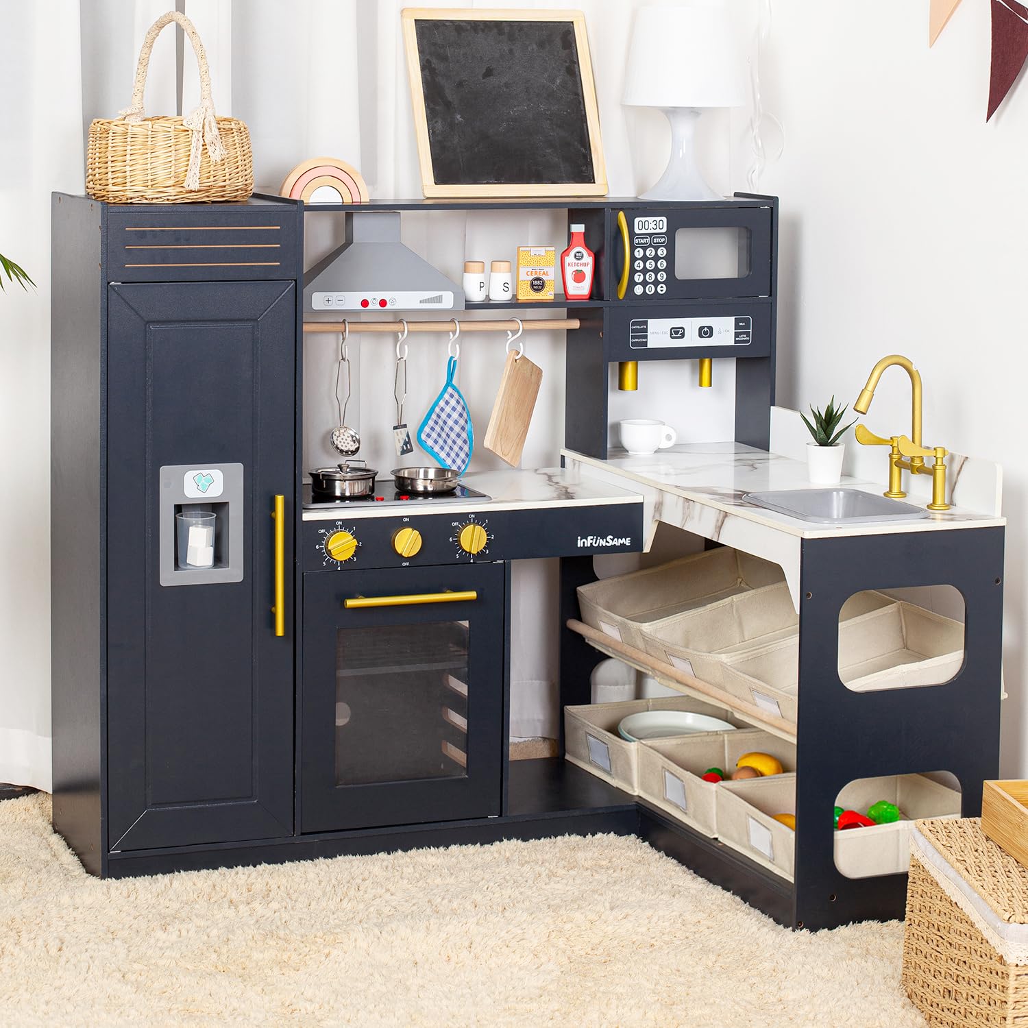 Corner Play Kitchen for Kids Kitchen Playset with Toy Storage System,  Wooden Toy Kitchen Set with Plenty of Play Features, Toddler Kitchen Set  for