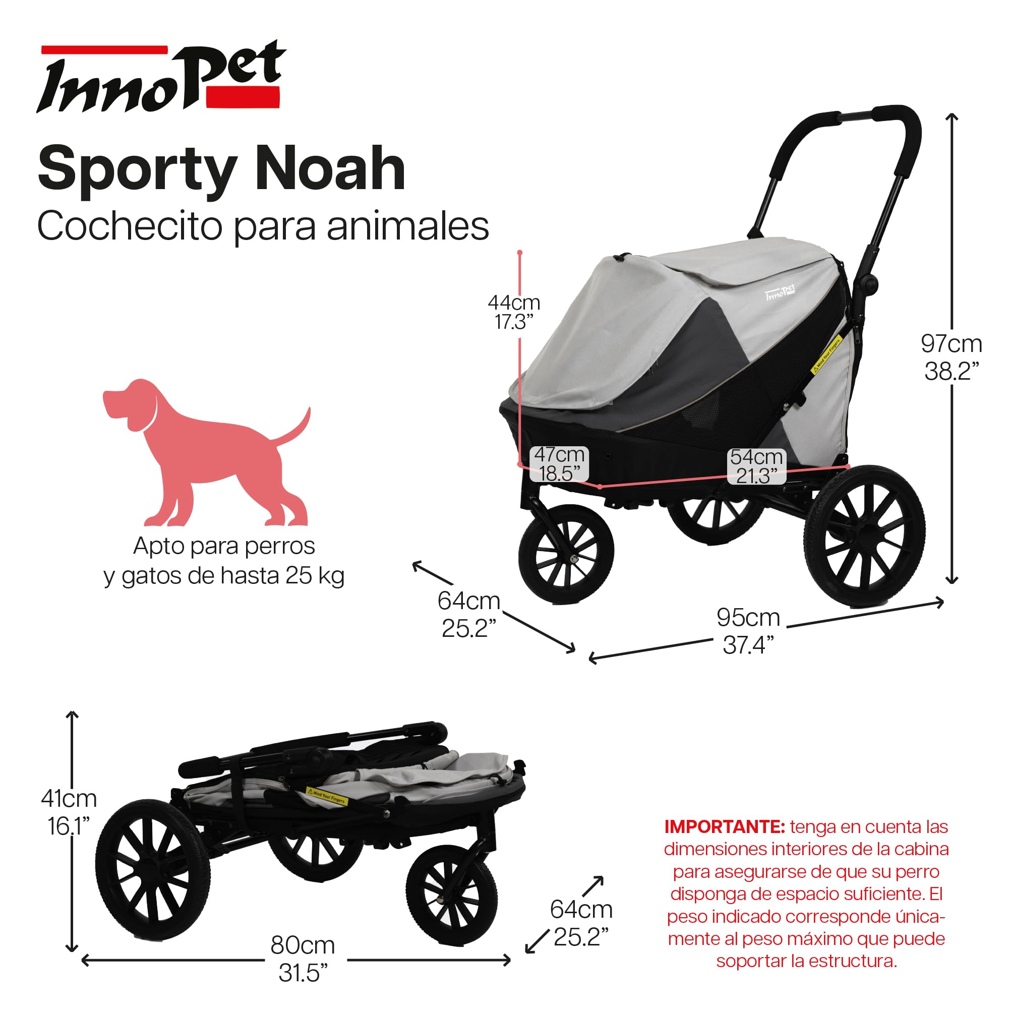 InnoPet Noah Coche para Perros - Para Perros Pequeños y Medianos hasta 25 kg - Todo Terreno - Manillar Ajustable - Incluye Funda para la Lluvia - Gris