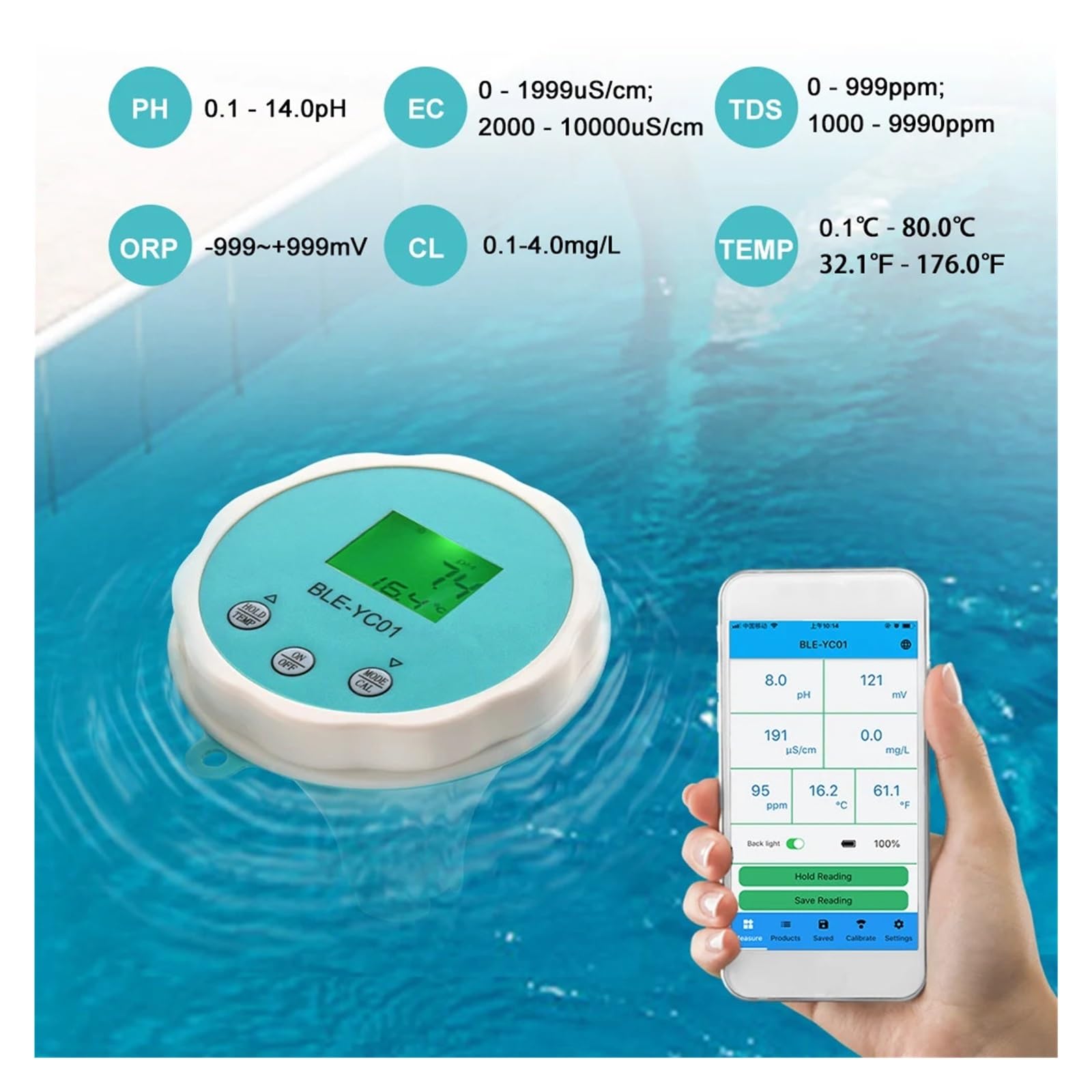 6In1 Rilevatore Dela qualità Del'acqua PH EC TDS ORP Test Temperatura del Cloro Display LCD Retroilluminato App Visualizzazione Remota for La Piscina Rilevamento Rapido E Preciso