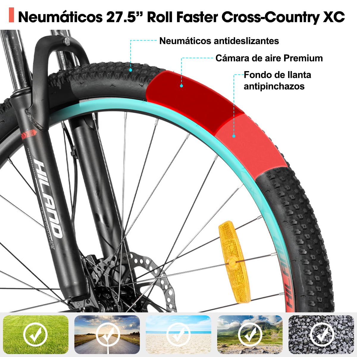 HILAND Bedrock Bicicleta de Montaña 27.5 Pulgadas Unisex, 24 Velocidades, Frenos de Disco Hidráulicos, Cuadro de Aluminio, Horquilla con Suspensión, MTB Hombre Mujer Ciudad y Montaña
