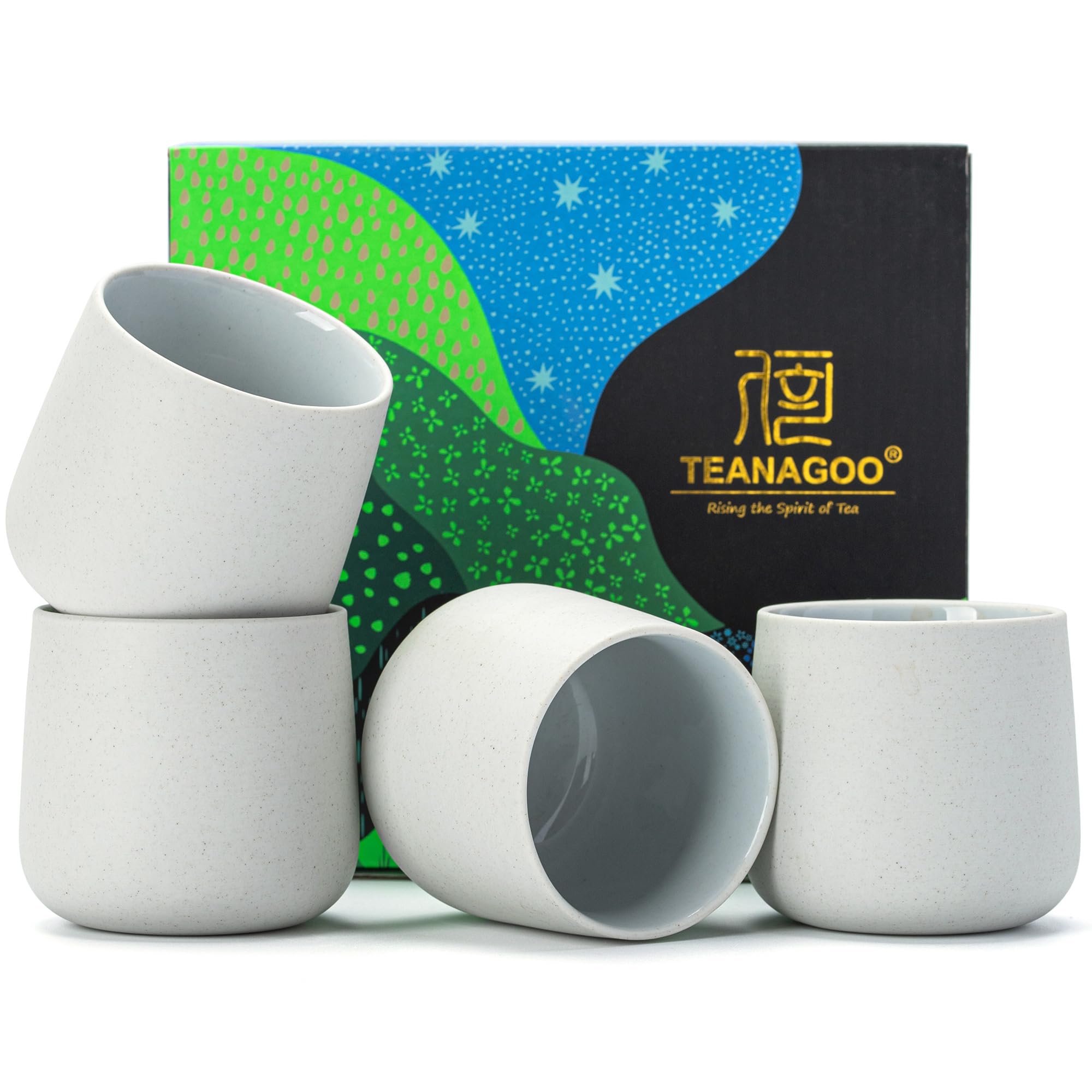 TEANAGOO Japanese Tea Cups, Chinese Tea Cup, 7.2Oz / 205 Ml, Ceramic Tea Cups for Adults, Ceramic Cups no Handles, Japanese Cups, Matcha Cup, Lt.Grey, 4 Pcs/Box, H5