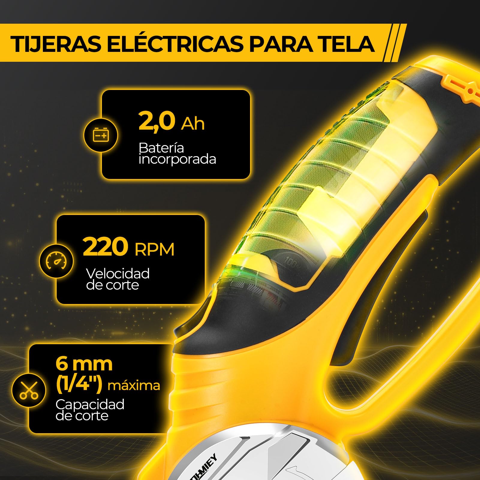 Tijeras Eléctricas Recargables 220RPM, Cortador Eléctrico de Cartón, Cizalla Eléctrica Portátil con Luz LED y Seguridad, para Costura, DIY y Reciclaje de Cartón (Amarillo)