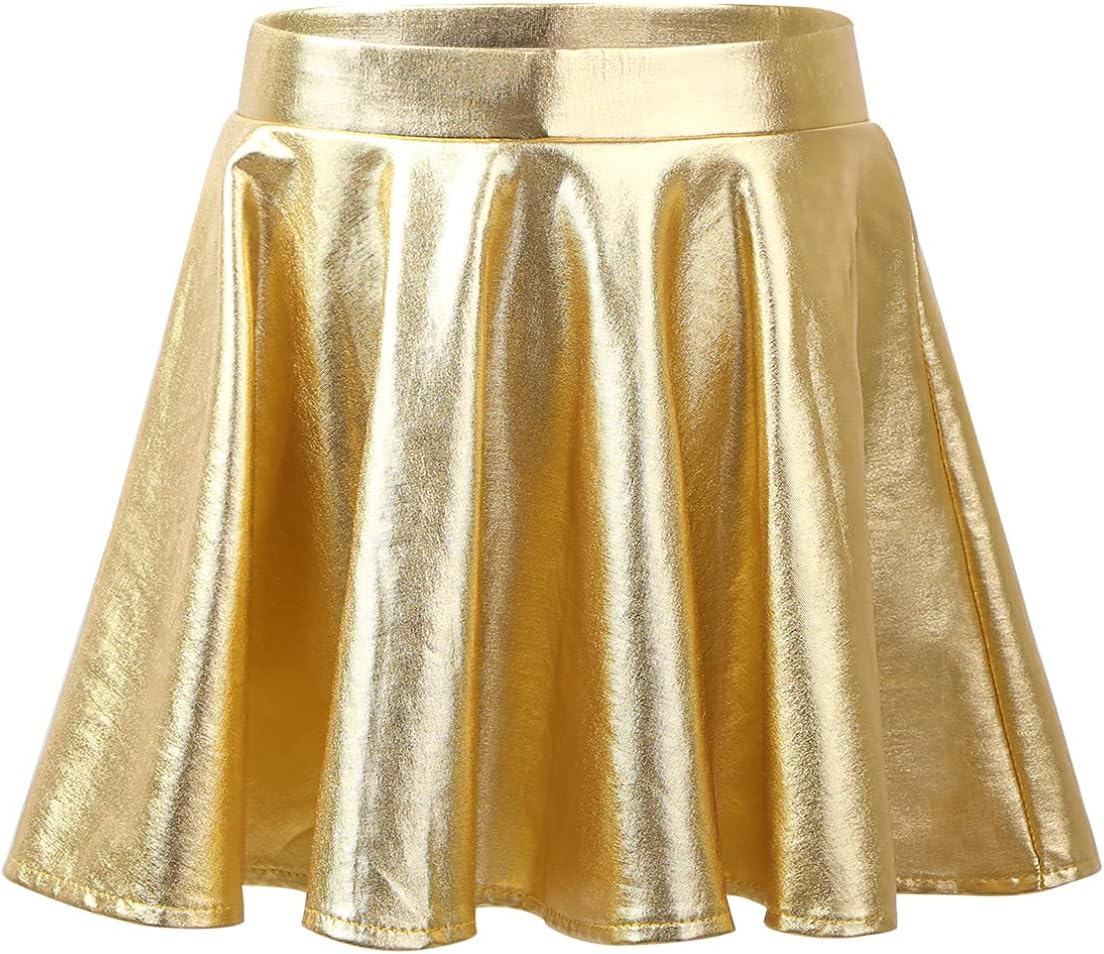 Jugaoge Kids Girls Shiny Metallic Pleated Mini Skirt with Built-in Shorts Party Dance Skater Scooter Skirt