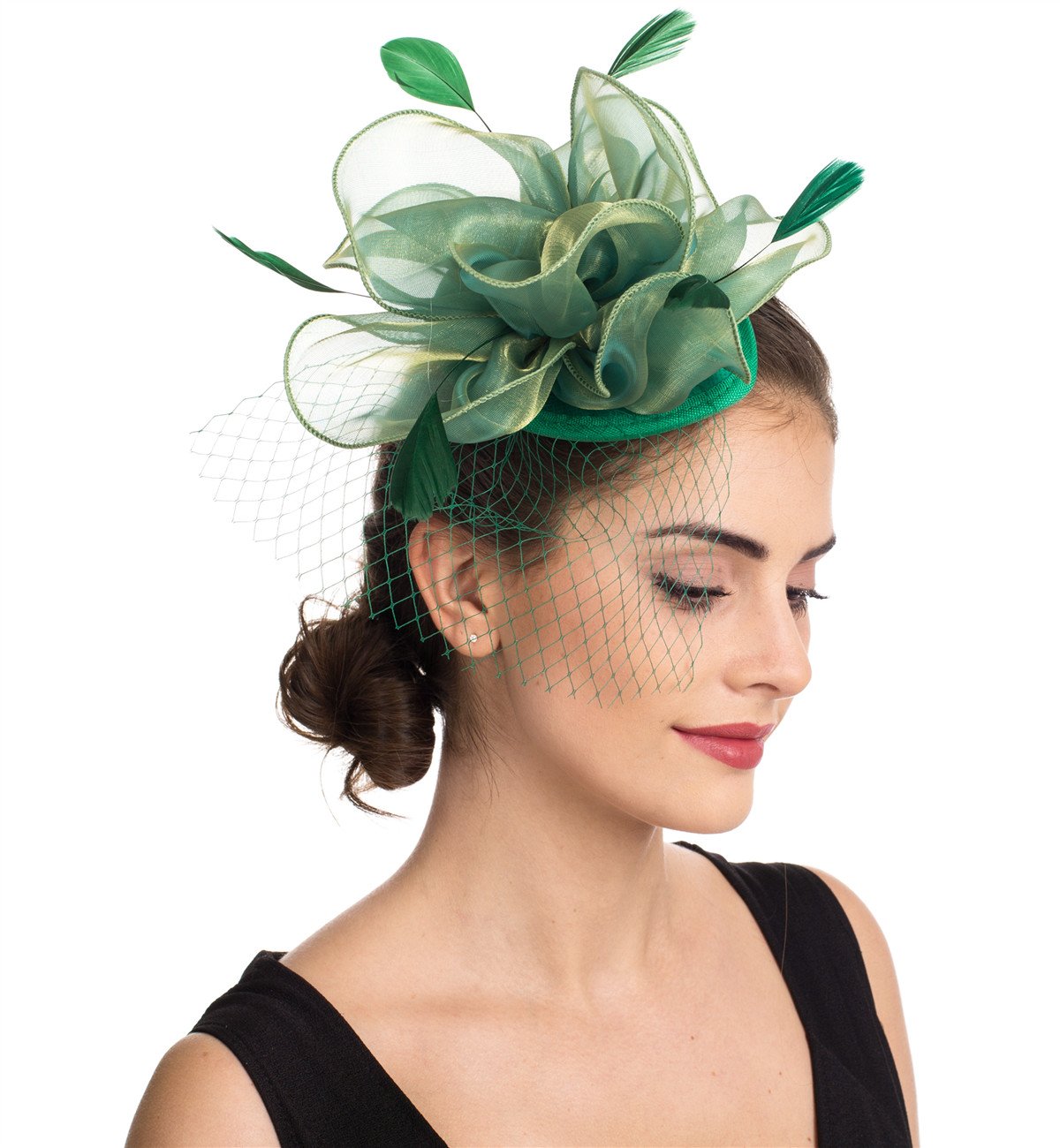 HaojingFascinator Hat Feather Mesh Net Veil Party Hat Ascot Hats Flower Derby Hat with Clip and Hairband for Women