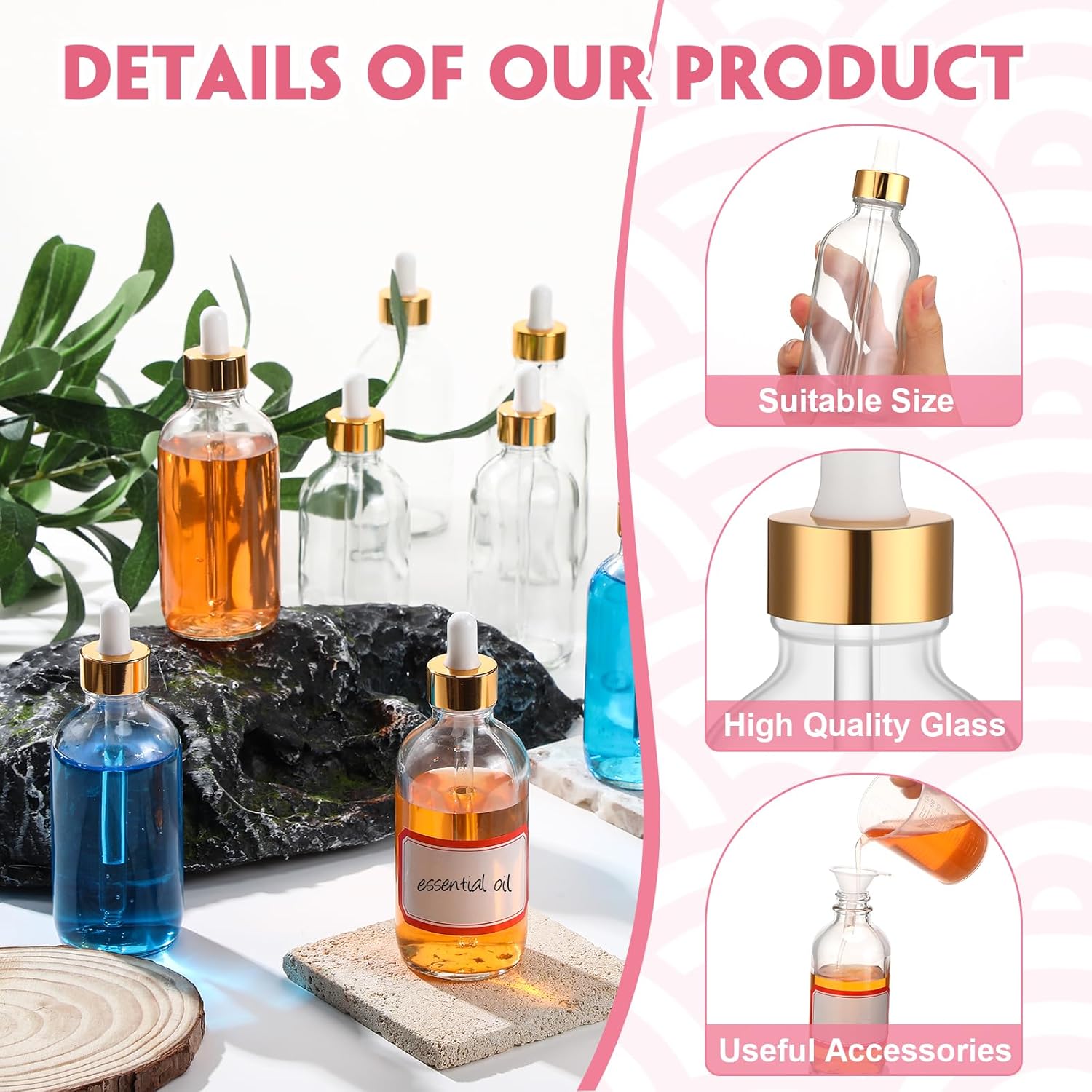 Dandat 50 Pack 4 oz Glass Dropper Bottles Leakproof 120 ml Glass Tincture Bottles with Eye Droppers, 4 Funnels, 54 Labels for Essential Oil Perfumes Hair Oil(Clear) - Image 3