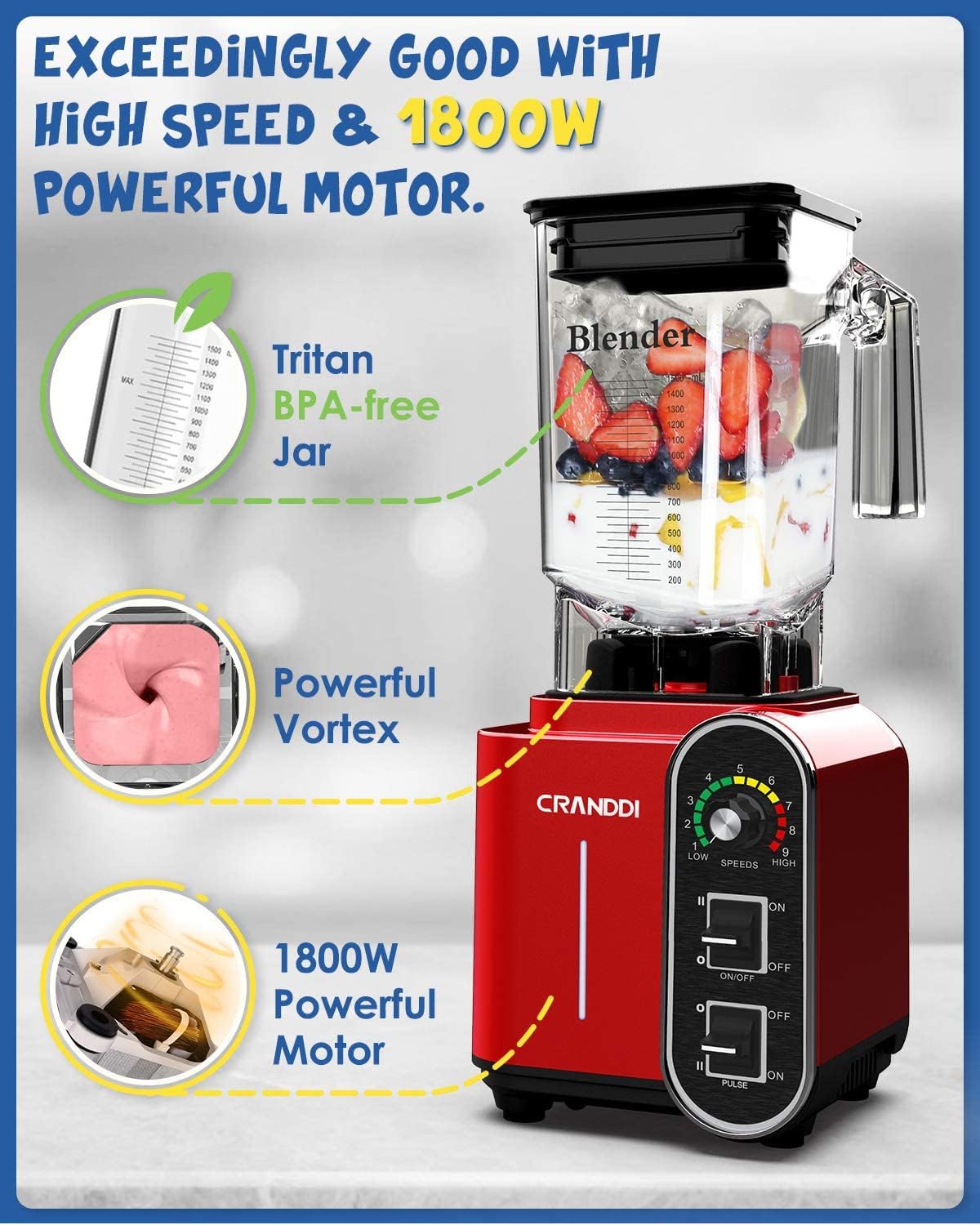 Licuadora comercial de 52 onzas, 1800 W, para cocina, hoja de acero inoxidable de 9 velocidades y autolimpieza, pulso integrado, K98C rojo 2