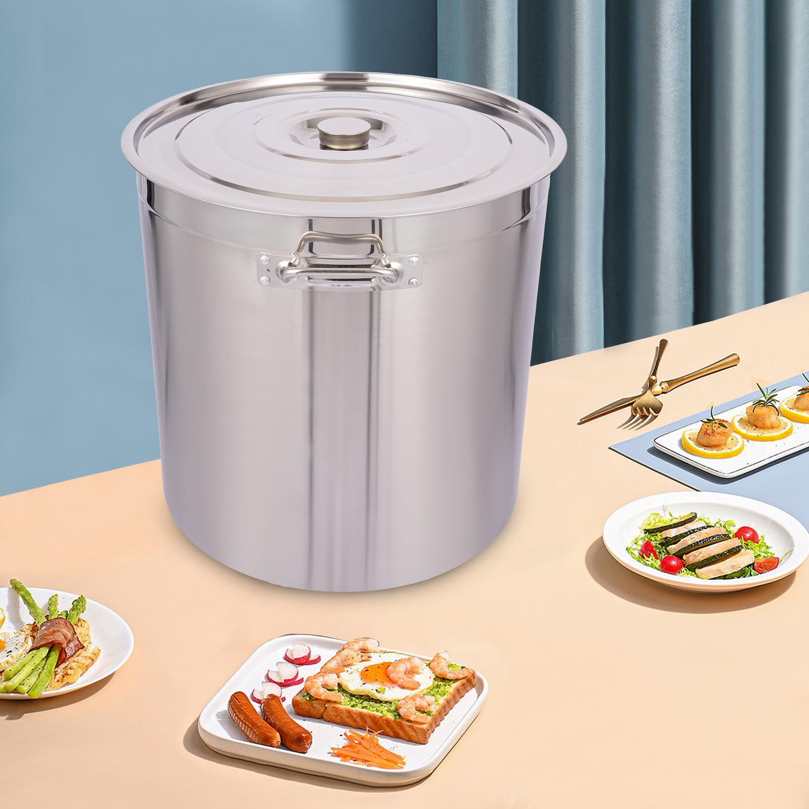 Olla de acero inoxidable 50/70/90L, sopera plateada con tapa, adecuada para cocinar, asar y mantener caliente en cocinas de gas y de inducción