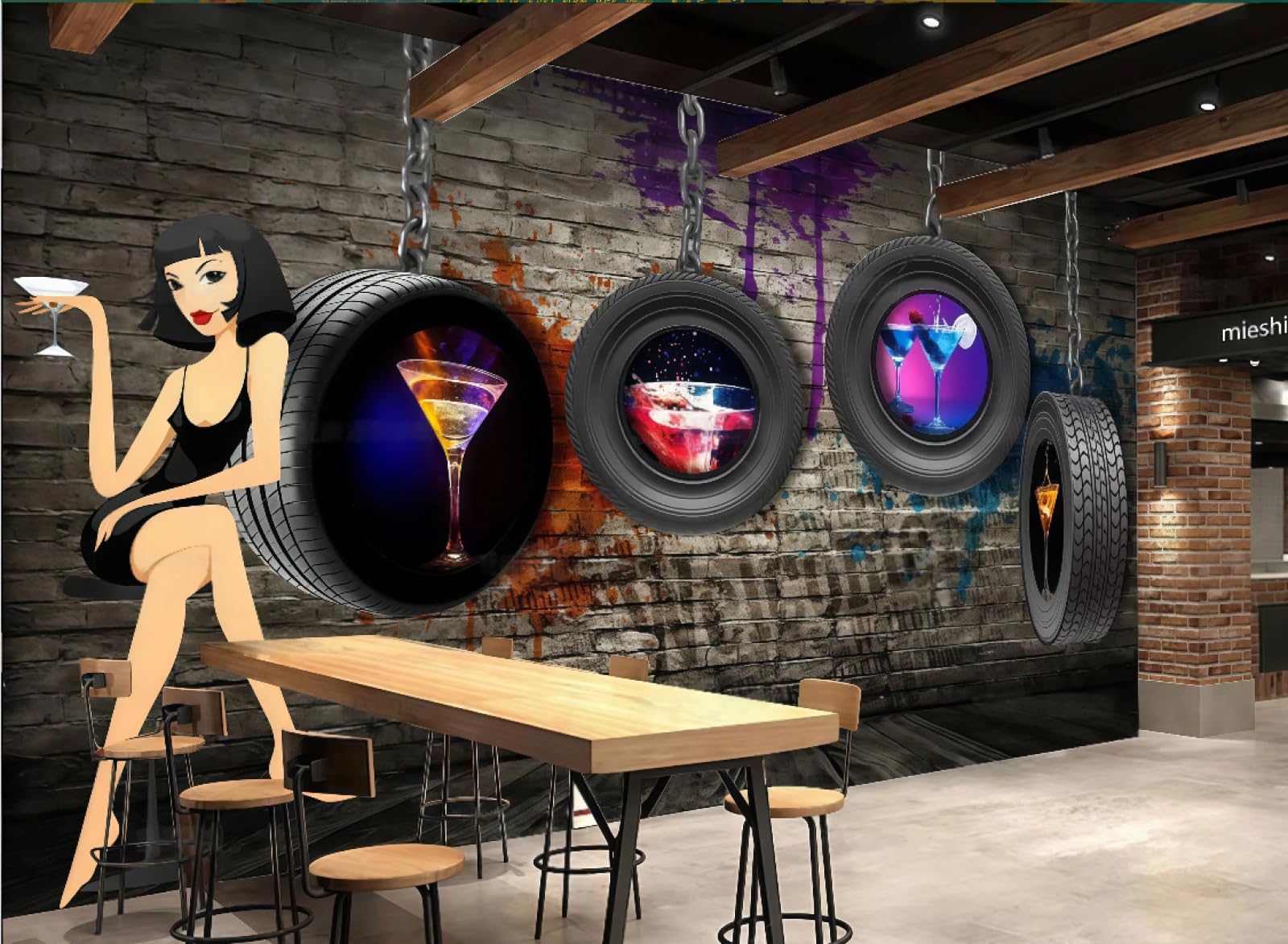 rskjdghshd Wallpaper Retro Brick Wall Three-Dimensional Tire Theme Shopping Mall Music Bar Western Restaurant Background Wall Mural Afternoon Tea Coffee Shop Wallpaper,3D,250x175cm