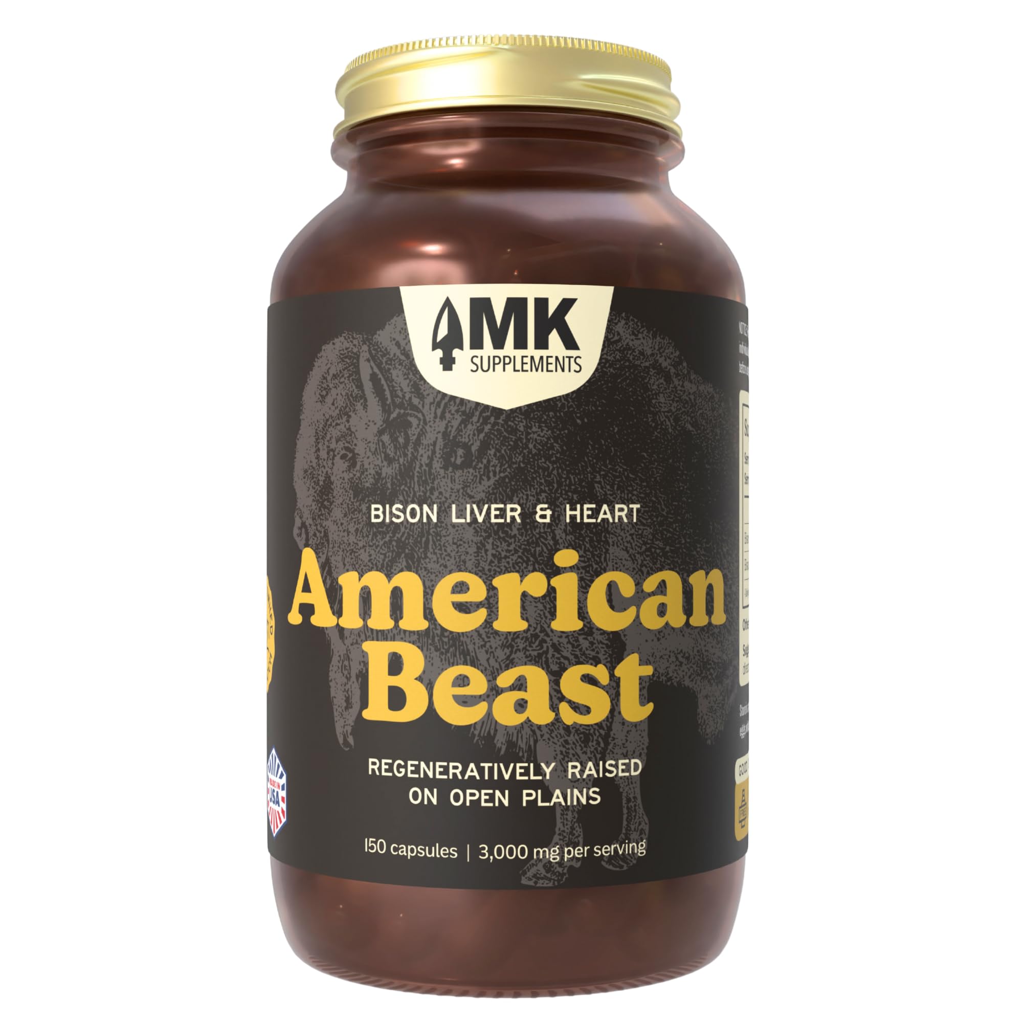 MK Supplements American Beast, Bison Organ Supplement for Athletes, Supports Strength, Endurance & Recovery, Freeze-Dried, Non-GMO, Bison Liver & Bison Heart, 30 Servings (3,000 mg Each)