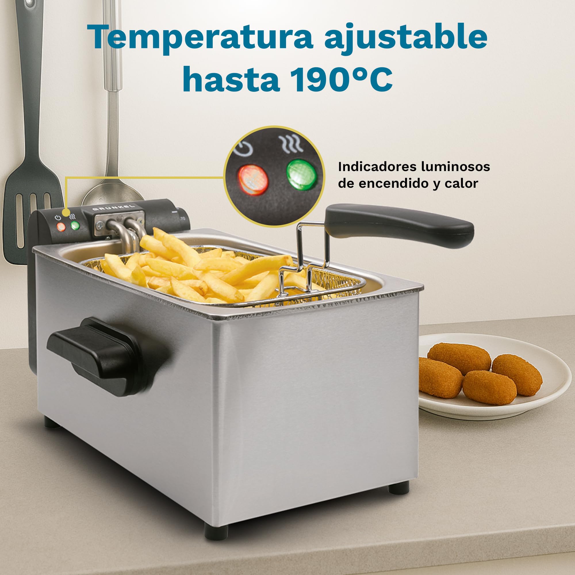 Grunkel Freidora de aceite FRYPRO-3SS con 2000W y cubeta en acero inoxidable con tecnología de zona fría, 3 litros de capacidad y con control de temperatura hasta 190°C