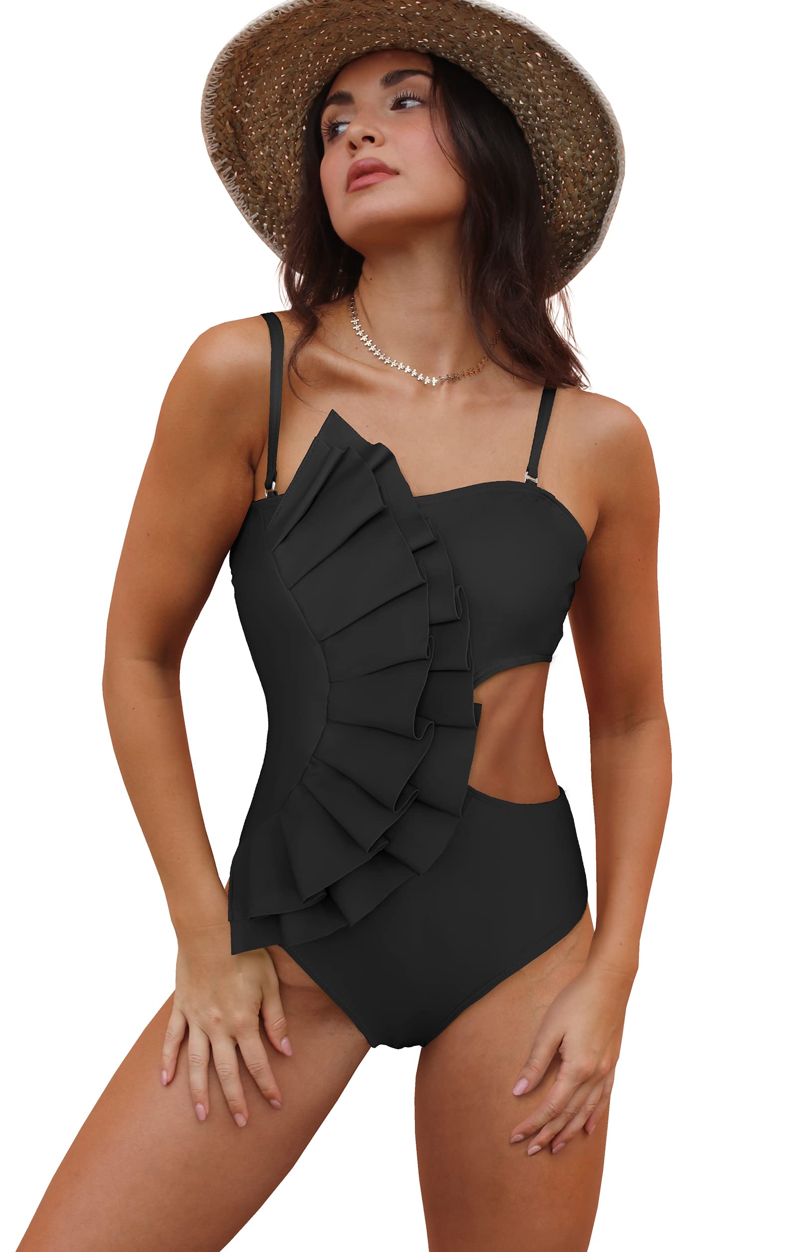 SPORLIKEWomen One Piece Swimsuit Flounce Swimwear Hole Out Bathing Suit Padded Monokini, Black, M