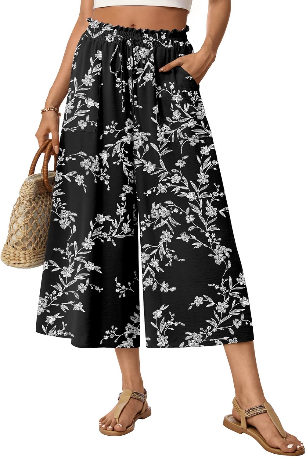 Anyhold Women's Capri Palazzo Pants High Waisted Wide Leg Adjustable Drawstring Loose Fit Summer Beach Pants Pockets