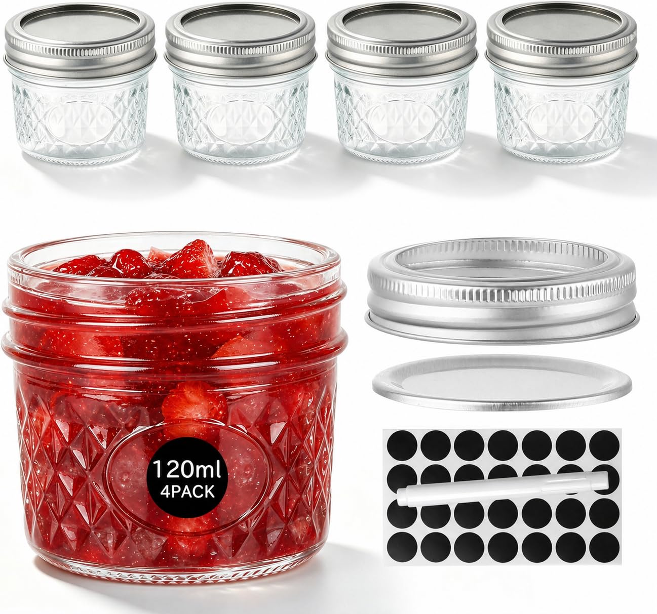 WERTIOO 4 Pack 120ml Mini Mason Jars with Lids - Airtight Regular Mouth Glass Jars with Silver Metal Lid, Includes Round Sticker Labels and Marker Pen for Pickling, Jam, Honey, Food Storage
