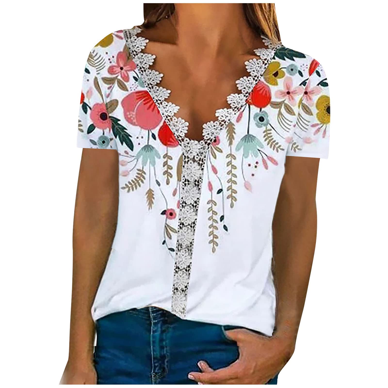 FloHua Women's Basic Solid Summer Crop Tops Scoop Neck Short Sleeve Crop Tops Tees Ruffle 3/4 Flared Sleeve Tunic Tops