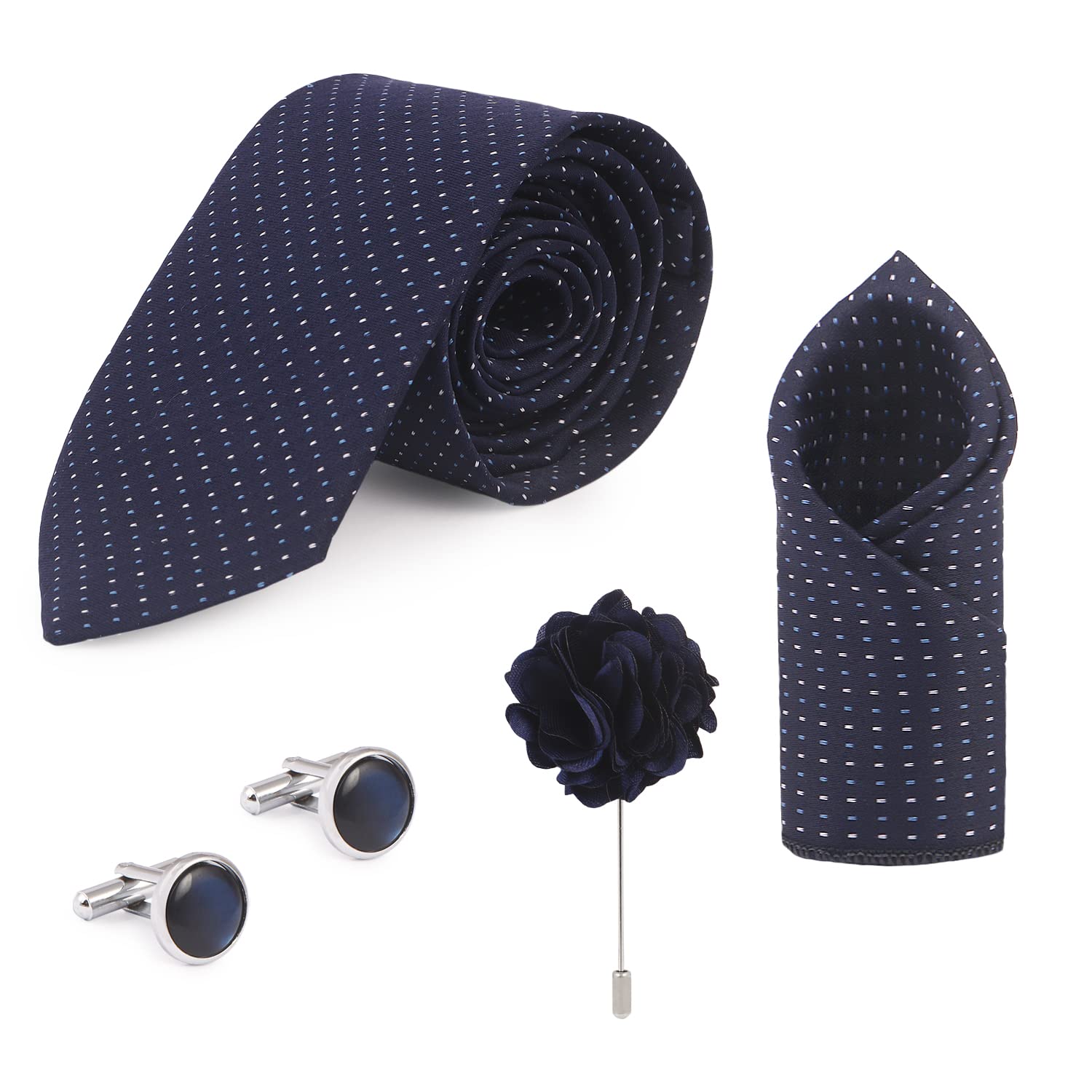 Solid Micro Self Silk Necktie Gift Set With Pocket Square Cufflinks & Brooch Pin Formal Tie With Box (Blue White Dot)-image-5